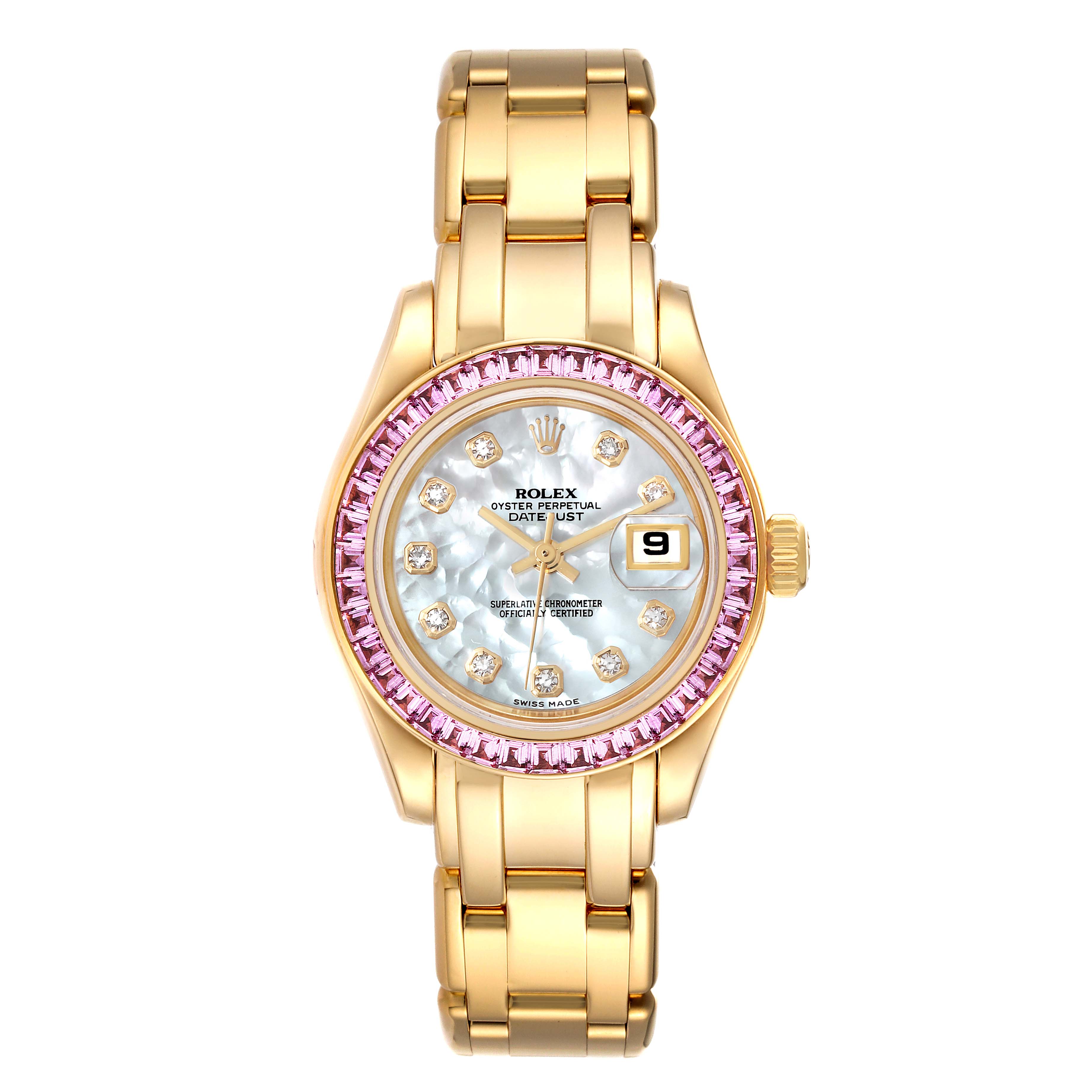 This Rolex Pearlmaster 80308 Women's Yellow Gold Mother of Pearl Dial 80308 Women's Yellow Gold Mother of Pearl Dial watch is shown from a top-down angle, revealing the face, bezel, and bracelet.