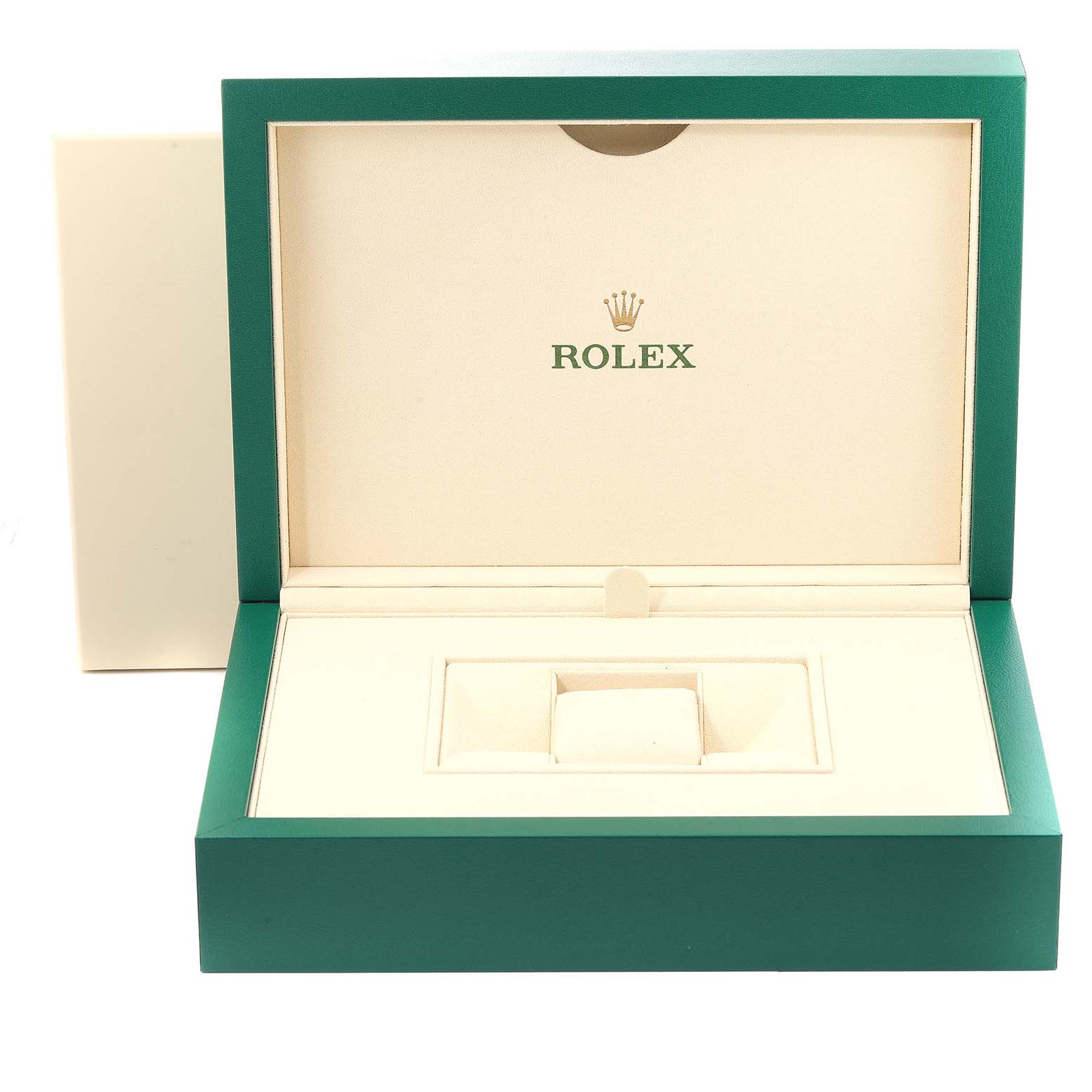 This image shows an open Rolex box for the Pearlmaster model, viewed from the front.