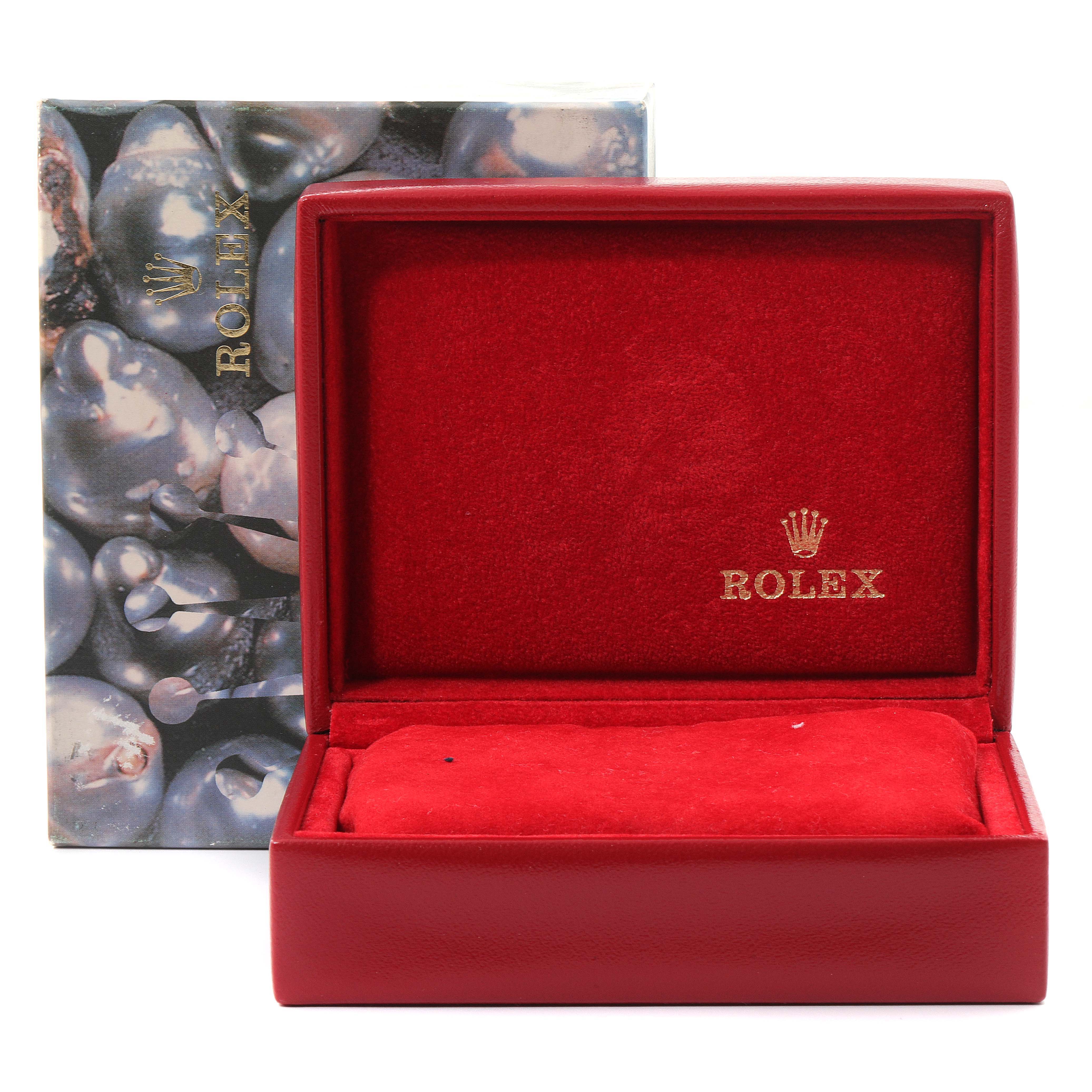 This image shows an open, red Rolex President 69278 Women's Yellow Gold Champagne Dial 69278 Women's Yellow Gold Champagne Dial model watch box and its outer packaging with the Rolex logo.