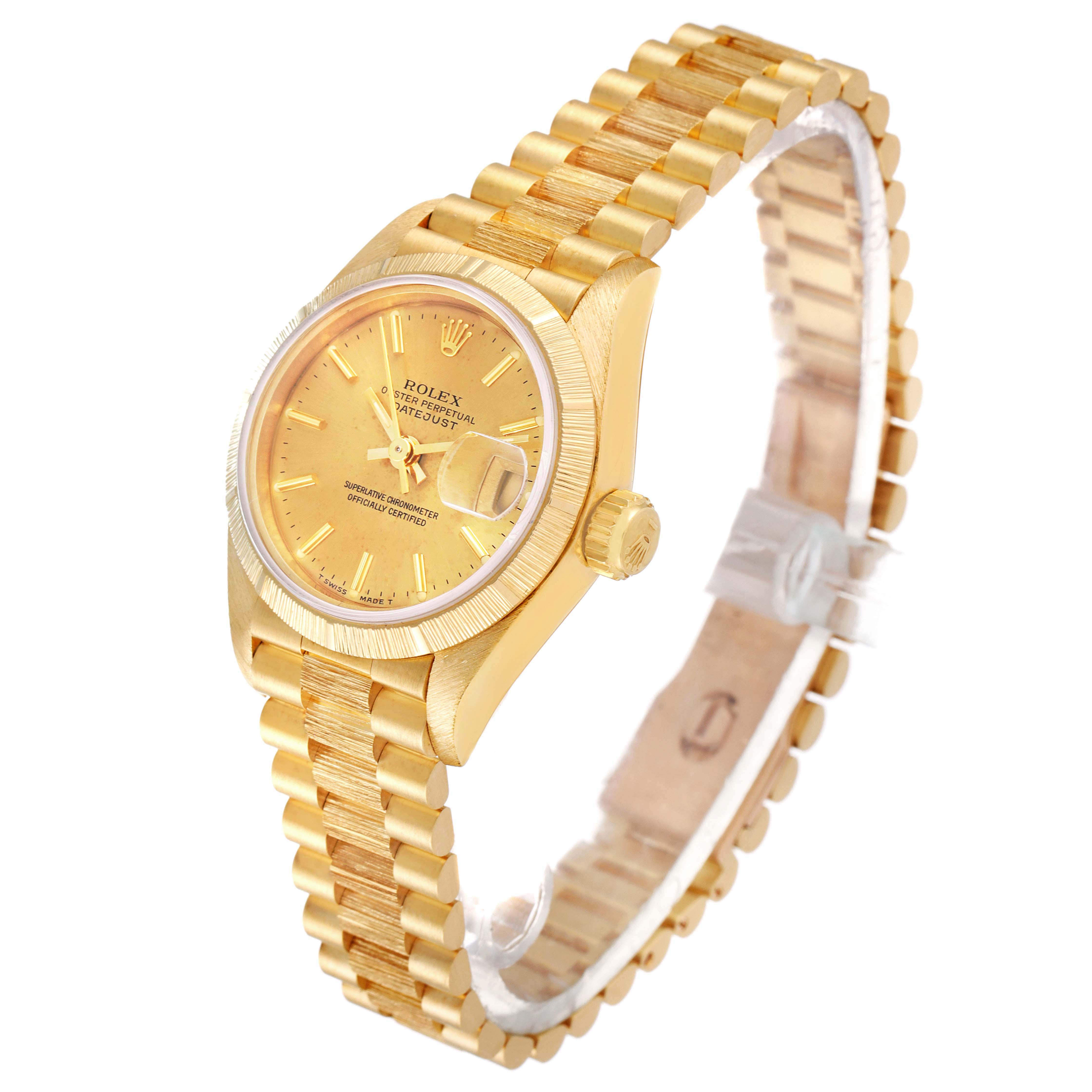 The image shows the front and side angle of a Rolex President 69278 Women's Yellow Gold Champagne Dial 69278 Women's Yellow Gold Champagne Dial model watch, highlighting the gold dial, crown, and bracelet.