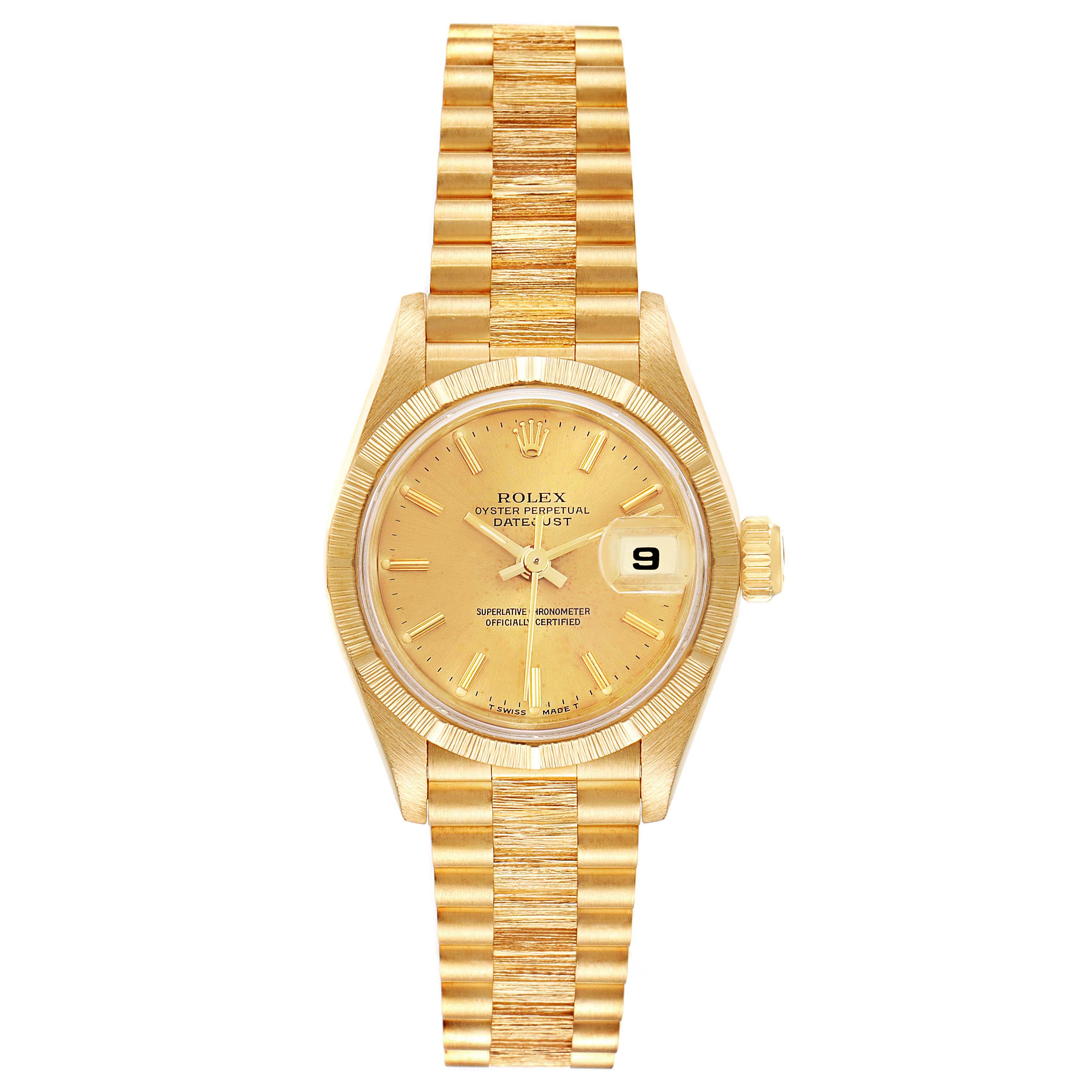 The image shows a Rolex President 69278 Women's Yellow Gold Champagne Dial 69278 Women's Yellow Gold Champagne Dial model watch from the front, showcasing its dial, bracelet, and date display.