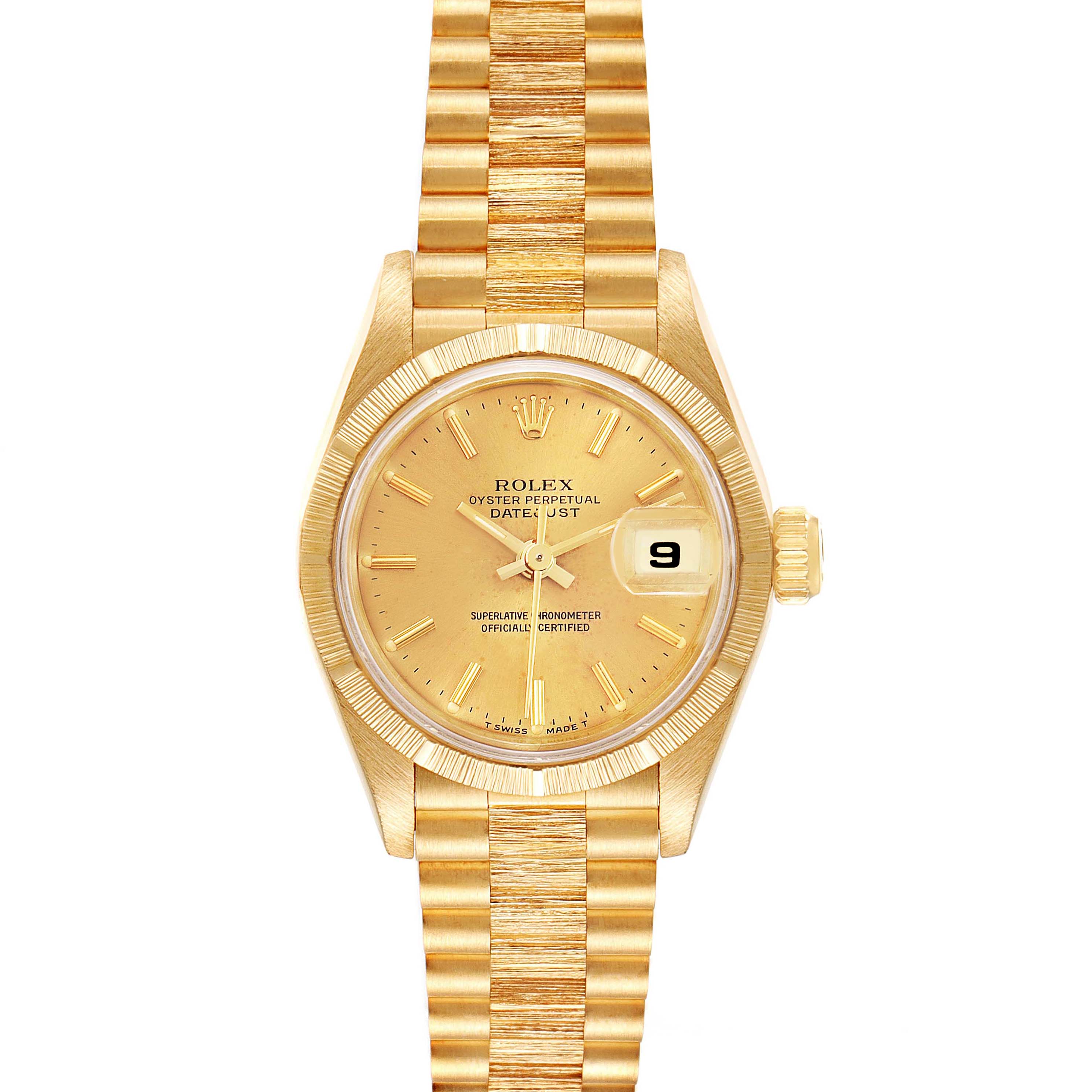 The image shows a front view of the Rolex President 69278 Women's Yellow Gold Champagne Dial 69278 Women's Yellow Gold Champagne Dial model watch, showcasing its dial, bracelet, bezel, and date window.
