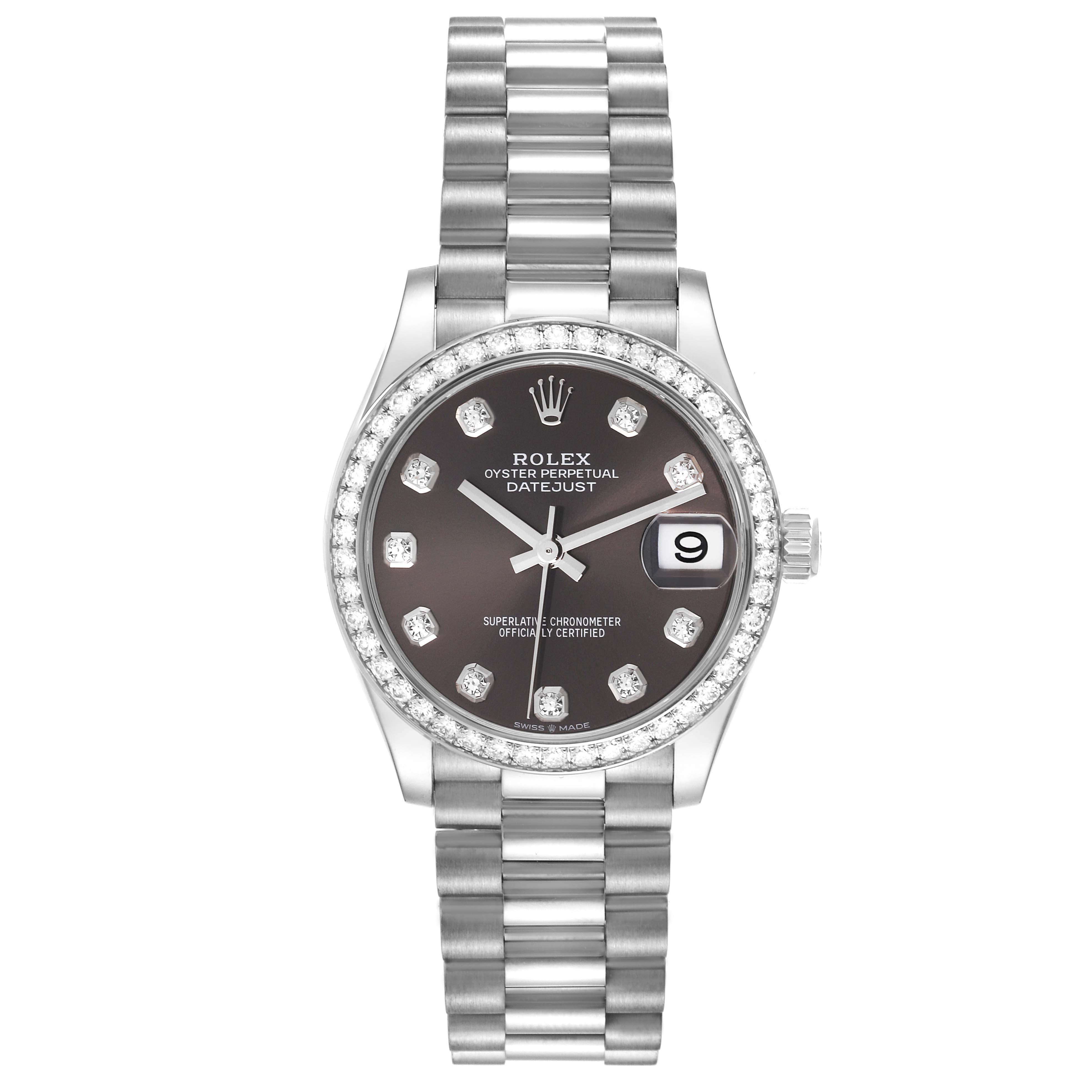 The Rolex President 278289 Women's White Gold Grey Dial 278289 Women's White Gold Grey Dial model watch is shown from a top-down angle, displaying its face, bezel, dial, and bracelet.