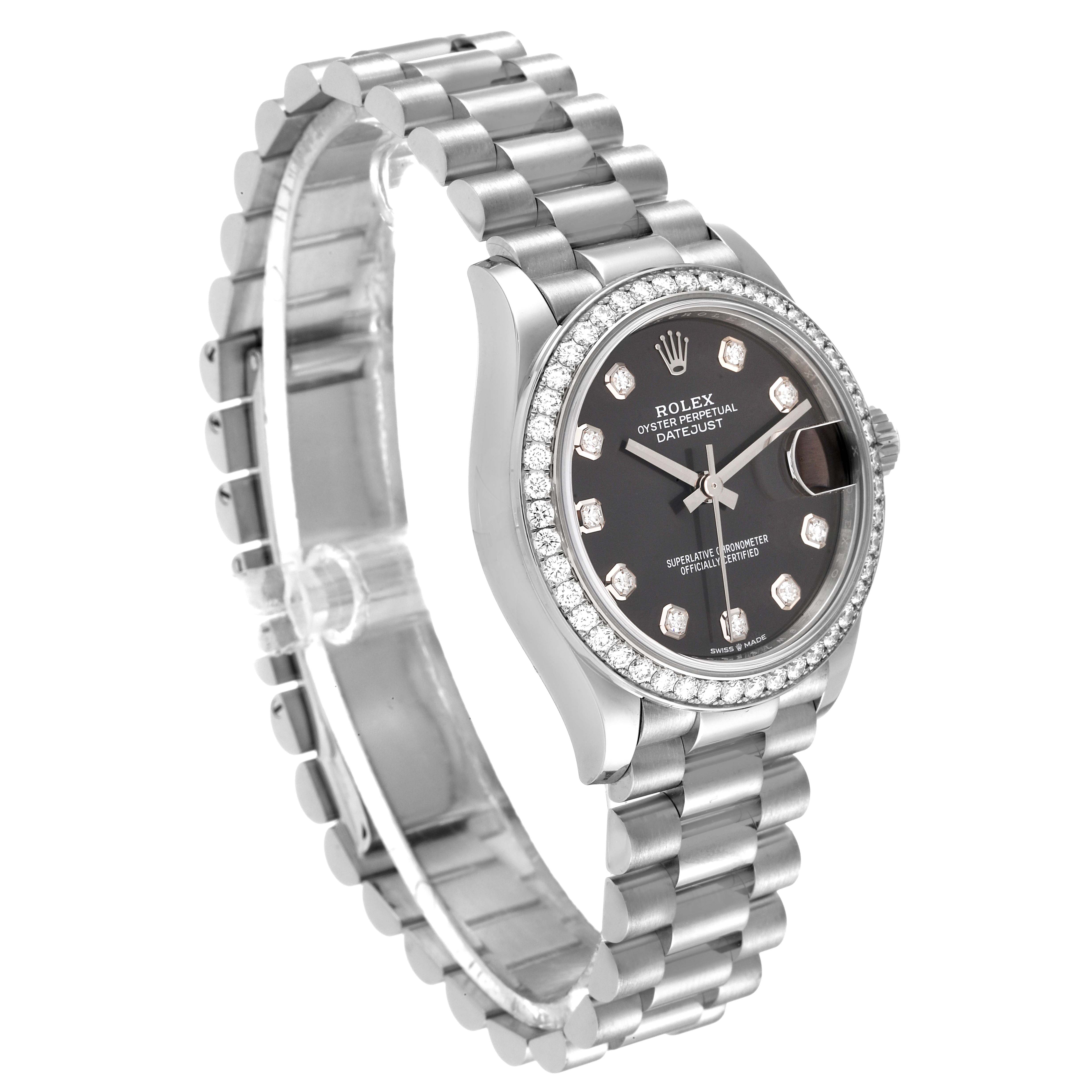 The image shows a Rolex President 278289 Women's White Gold Grey Dial 278289 Women's White Gold Grey Dial model watch at a slight angle, displaying its bracelet, case, and face with diamond hour markers.