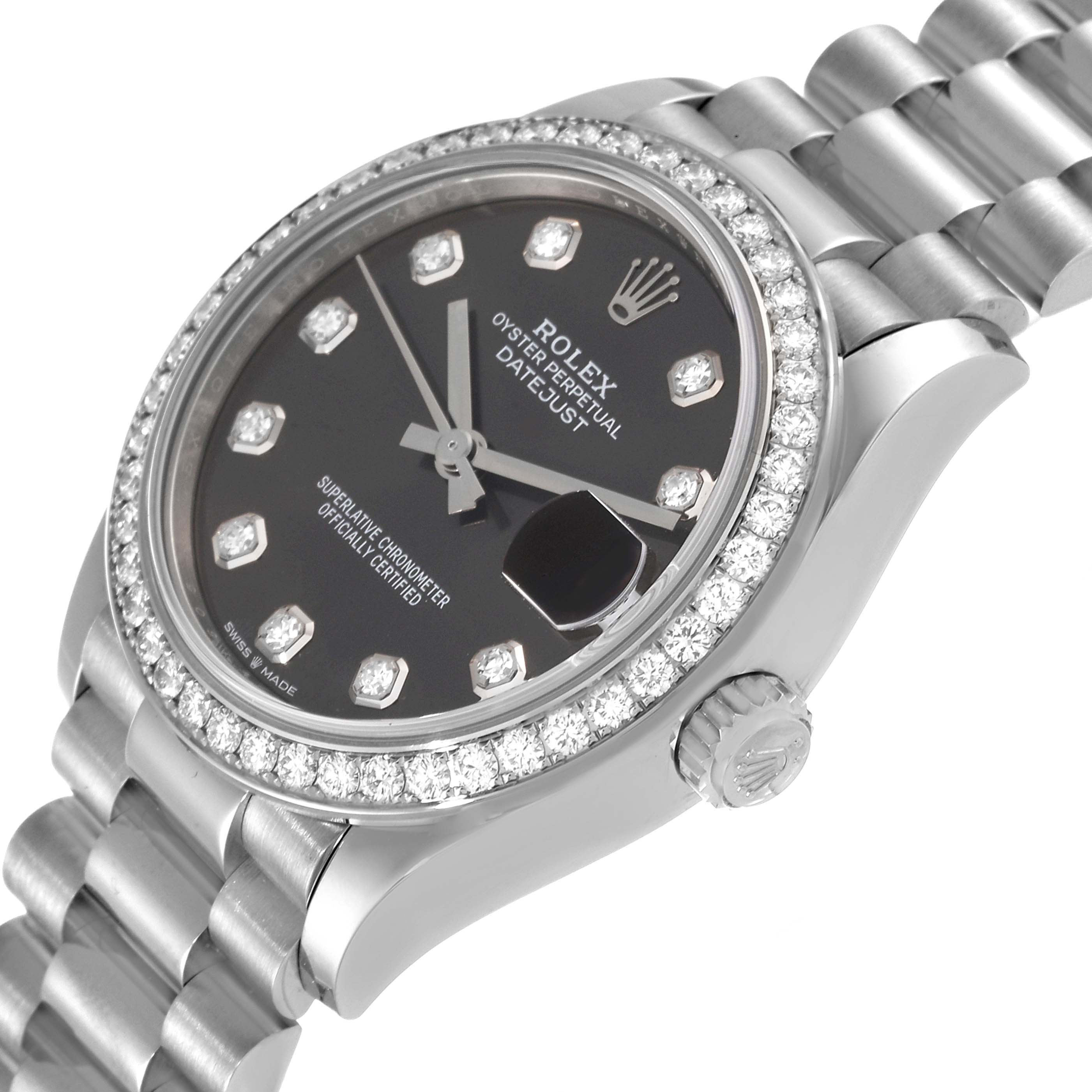 The image shows a Rolex President 278289 Women's White Gold Grey Dial 278289 Women's White Gold Grey Dial model from a slightly angled top view, highlighting the dial, bezel, and part of the bracelet.