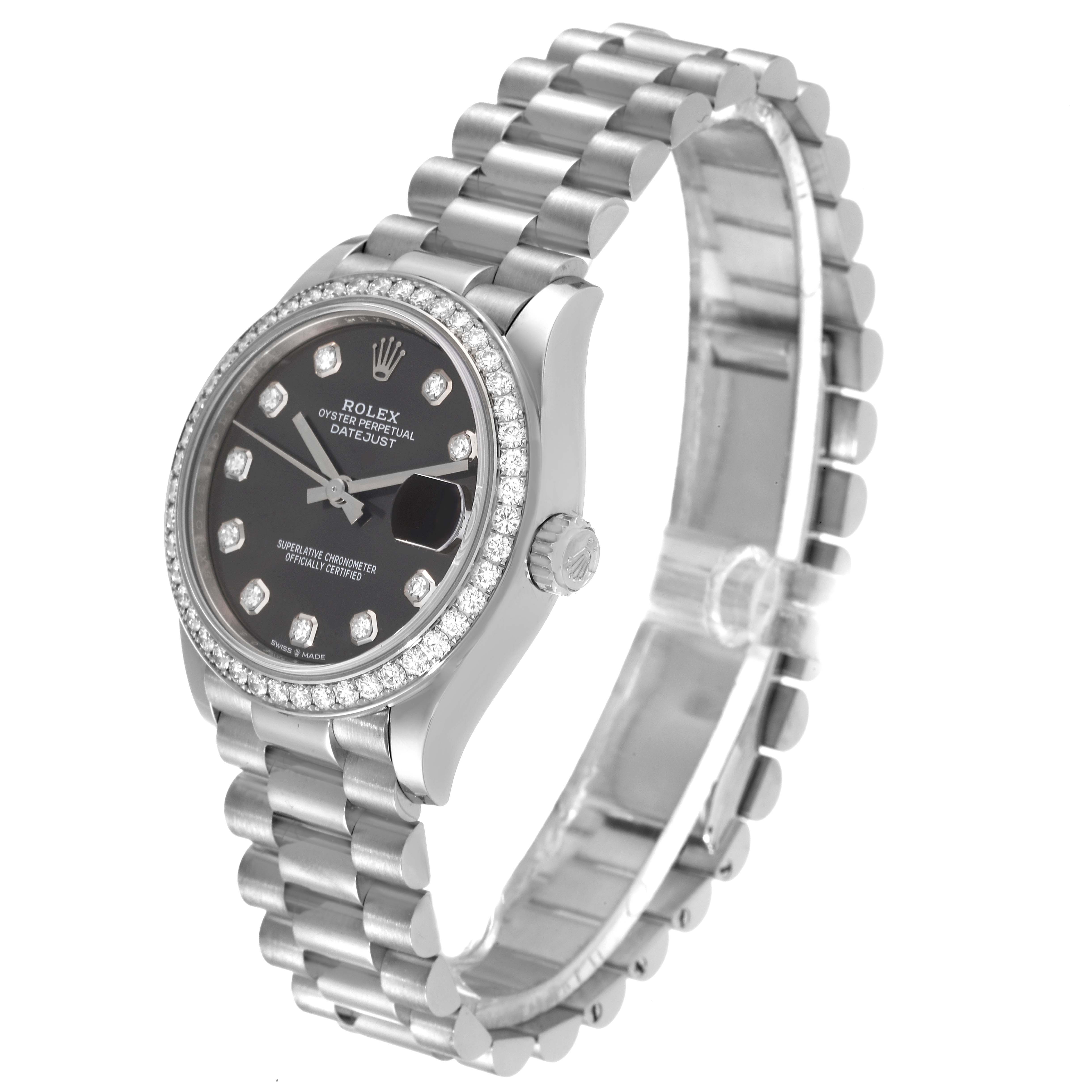 The Rolex President 278289 Women's White Gold Grey Dial 278289 Women's White Gold Grey Dial model watch is shown from an angled front position, displaying the face, bezel, case, crown, and bracelet.
