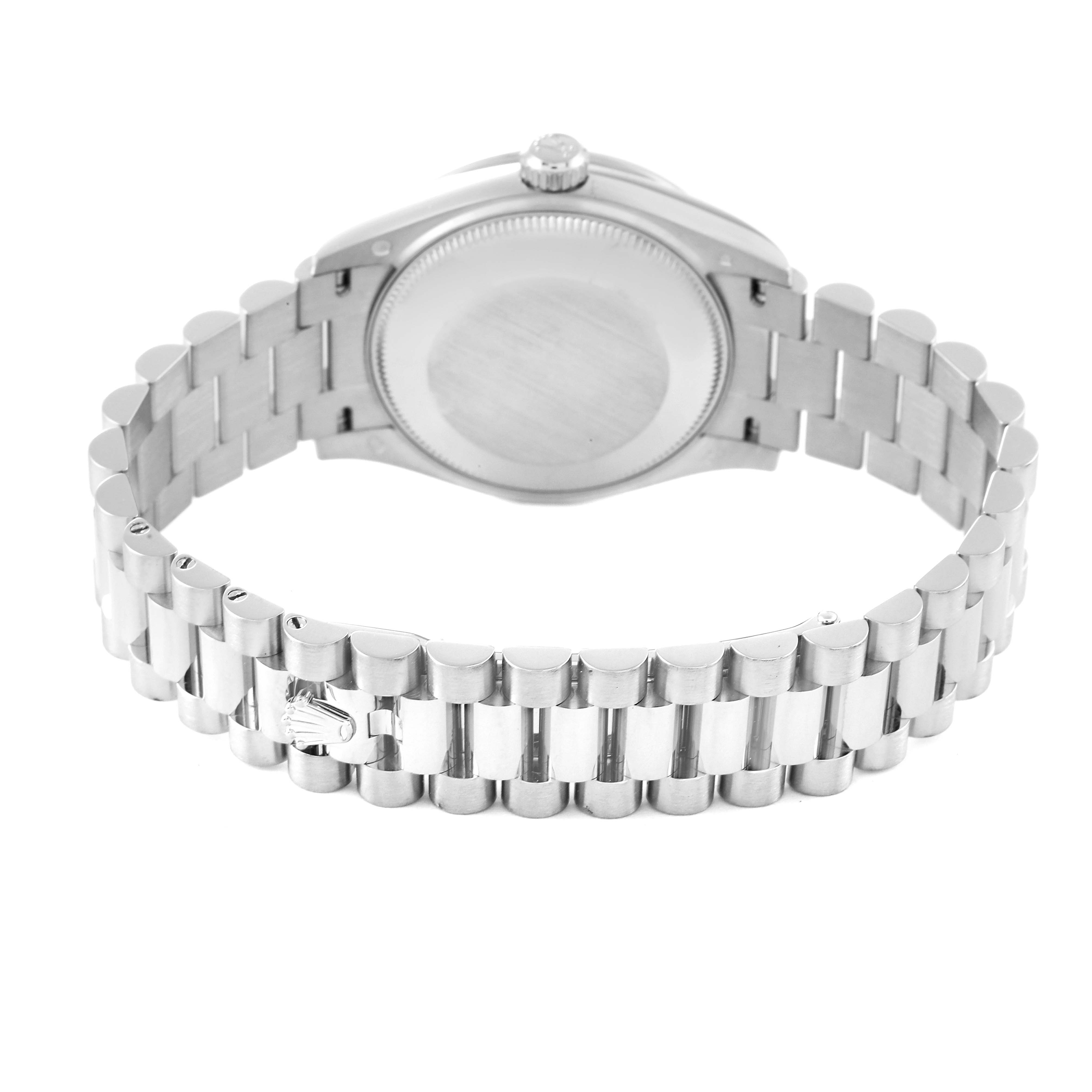 The image shows the back view and bracelet of a Rolex President 278289 Women's White Gold Grey Dial 278289 Women's White Gold Grey Dial model watch.