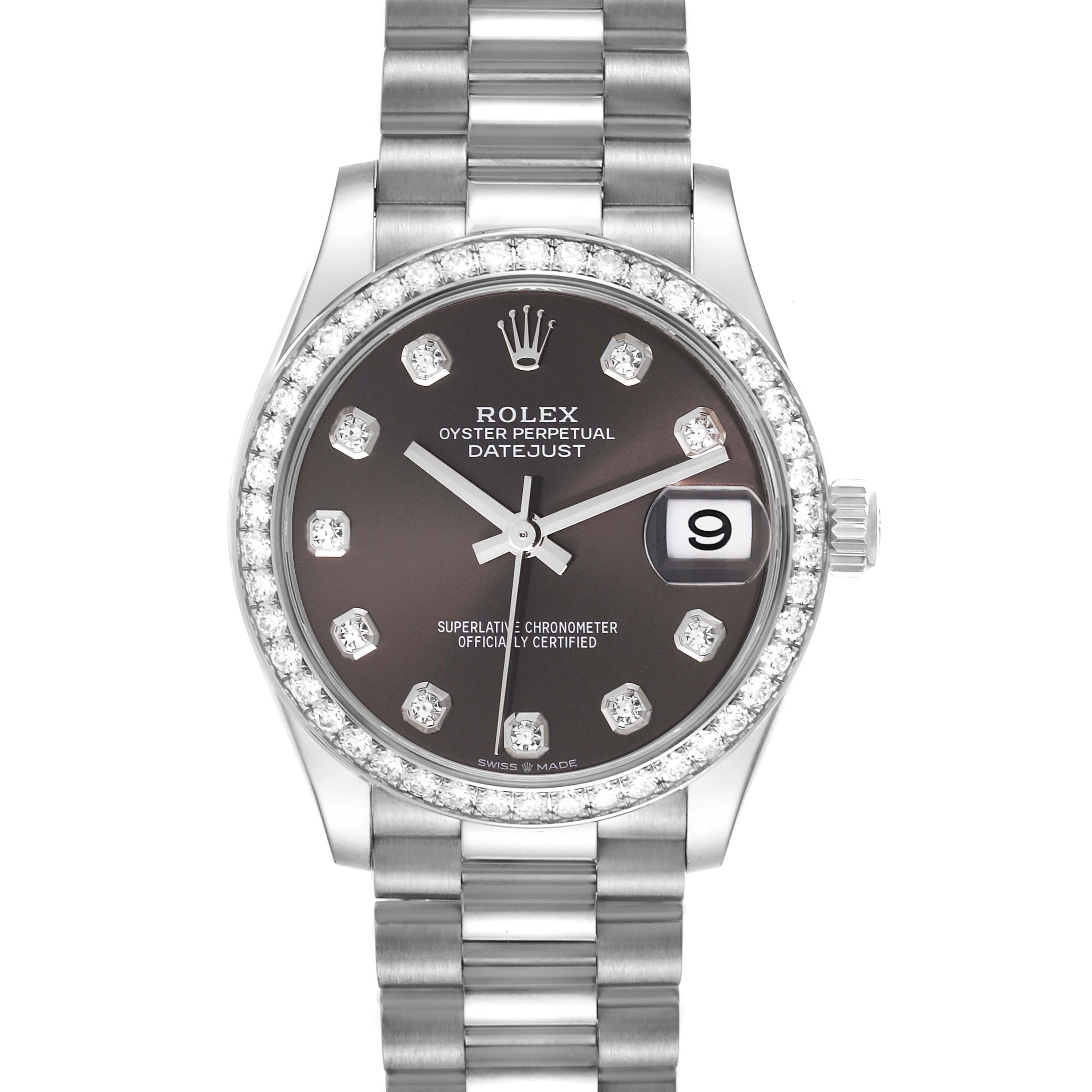 The image displays a front view of a Rolex President 278289 Women's White Gold Grey Dial 278289 Women's White Gold Grey Dial Datejust with a diamond bezel and markers, featuring a date display.