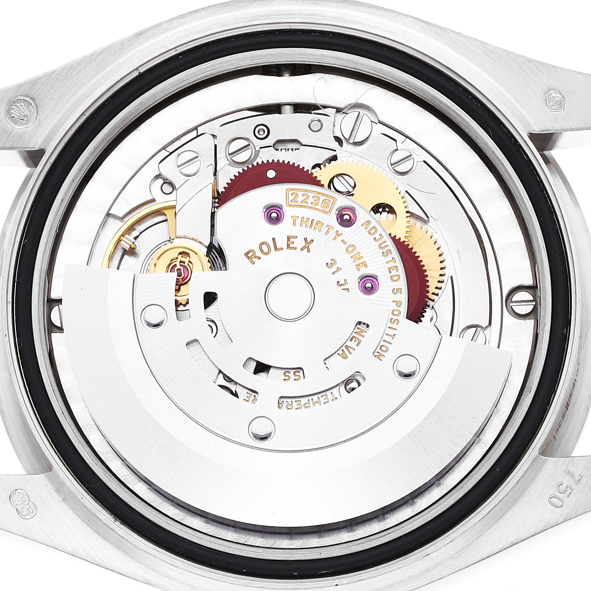 The image shows the internal mechanical movement of a Rolex President 278289 Women's White Gold Grey Dial 278289 Women's White Gold Grey Dial model watch from the back.