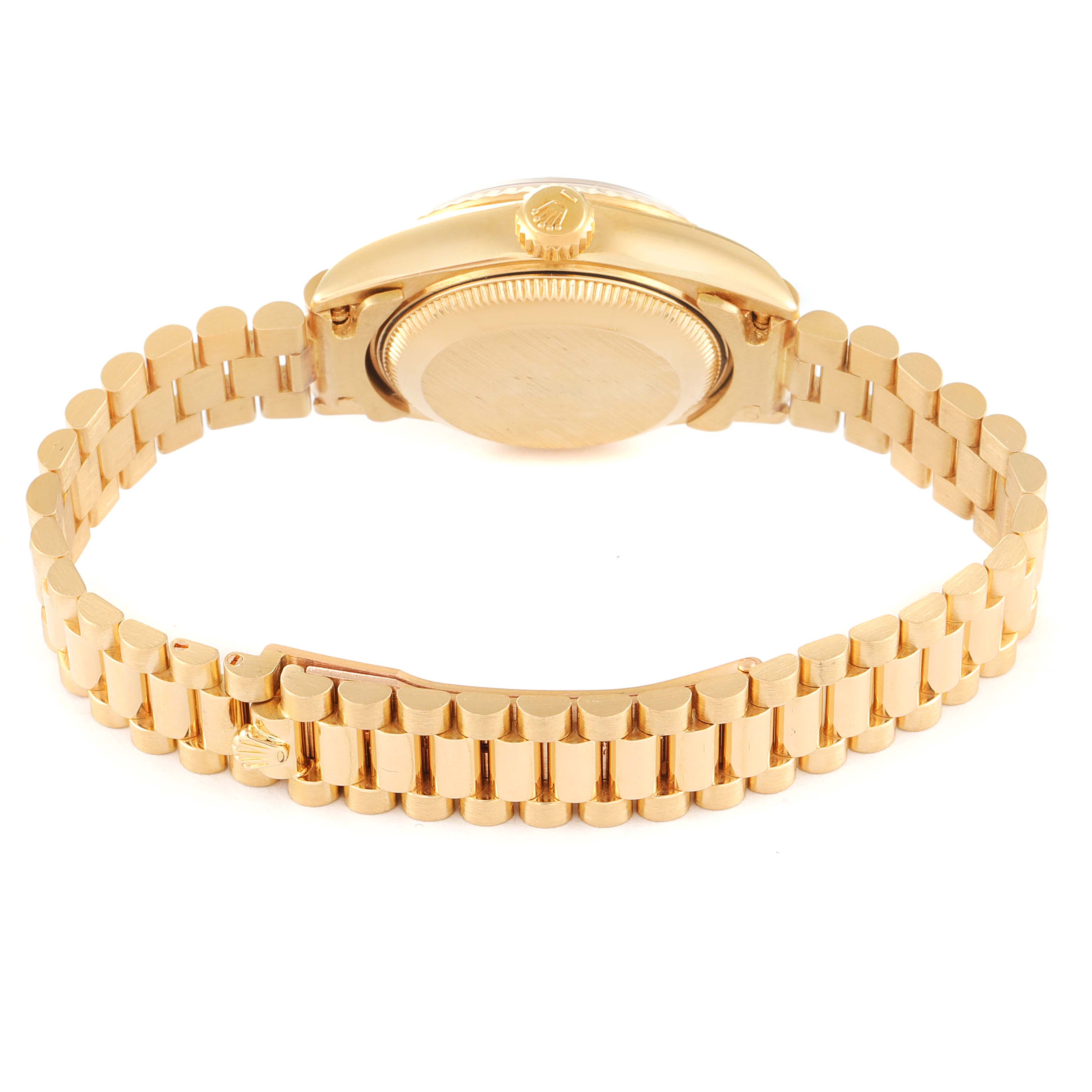 This image shows the back case and bracelet of a Rolex President 69178 Women
s Yellow Gold Champagne Dial 69178 Women
s Yellow Gold Champagne Dial model watch, viewed from a low rear angle.