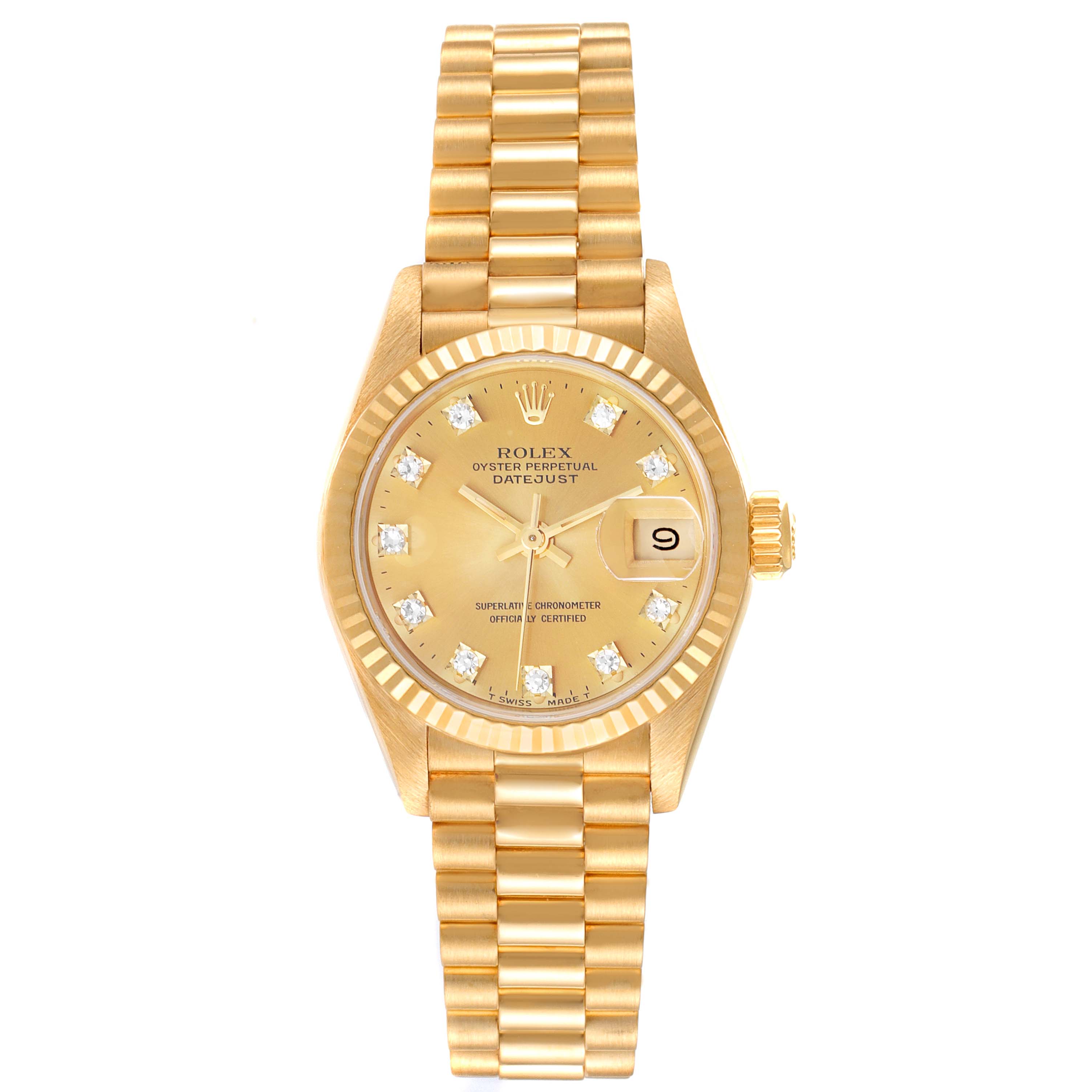 The image shows a Rolex President 69178 Women
s Yellow Gold Champagne Dial 69178 Women
s Yellow Gold Champagne Dial model watch from a top view, highlighting its gold band, crown, and diamond-marked dial.