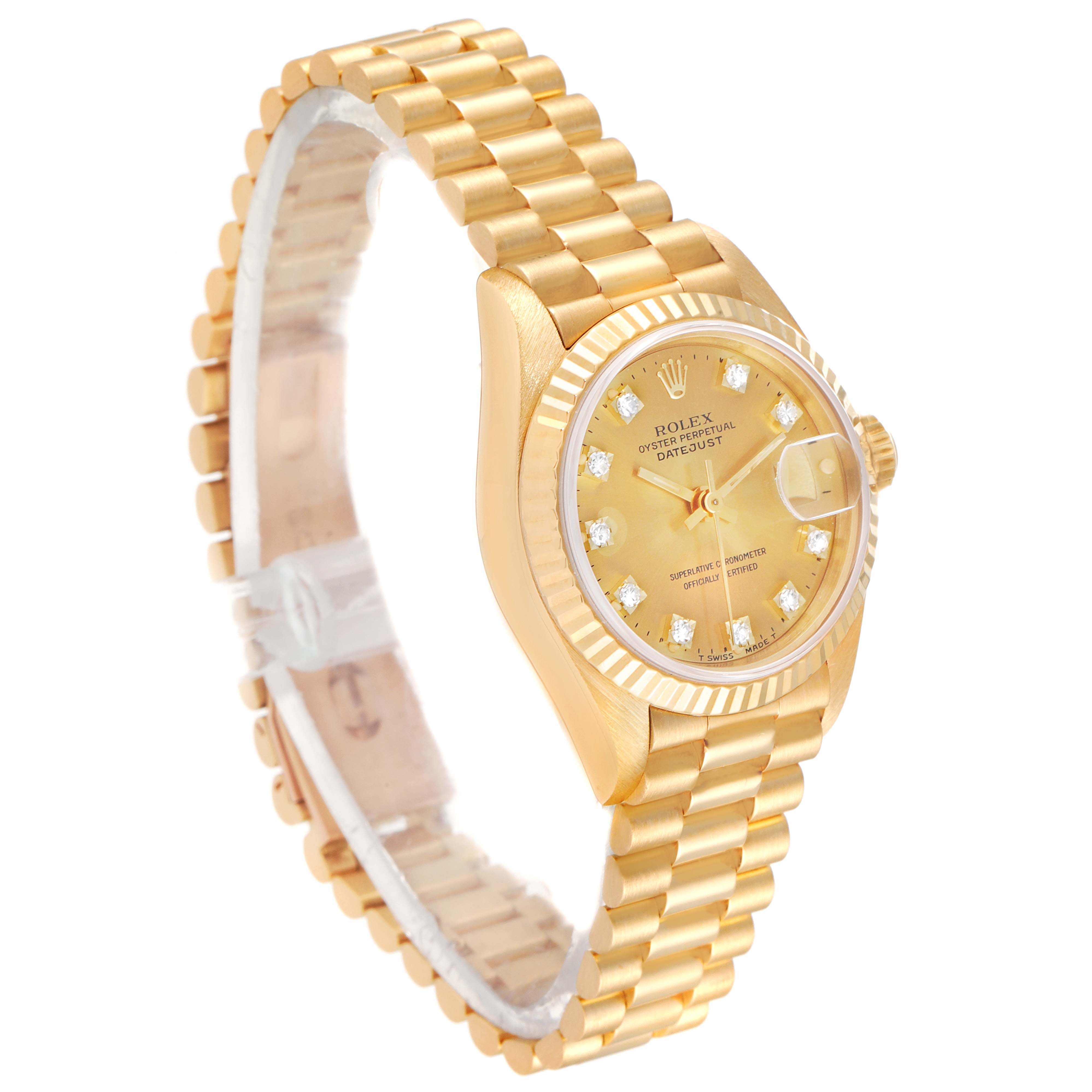 The Rolex President 69178 Women
s Yellow Gold Champagne Dial 69178 Women
s Yellow Gold Champagne Dial model watch is shown at a three-quarter angle, displaying its gold band, dial, and fluted bezel.