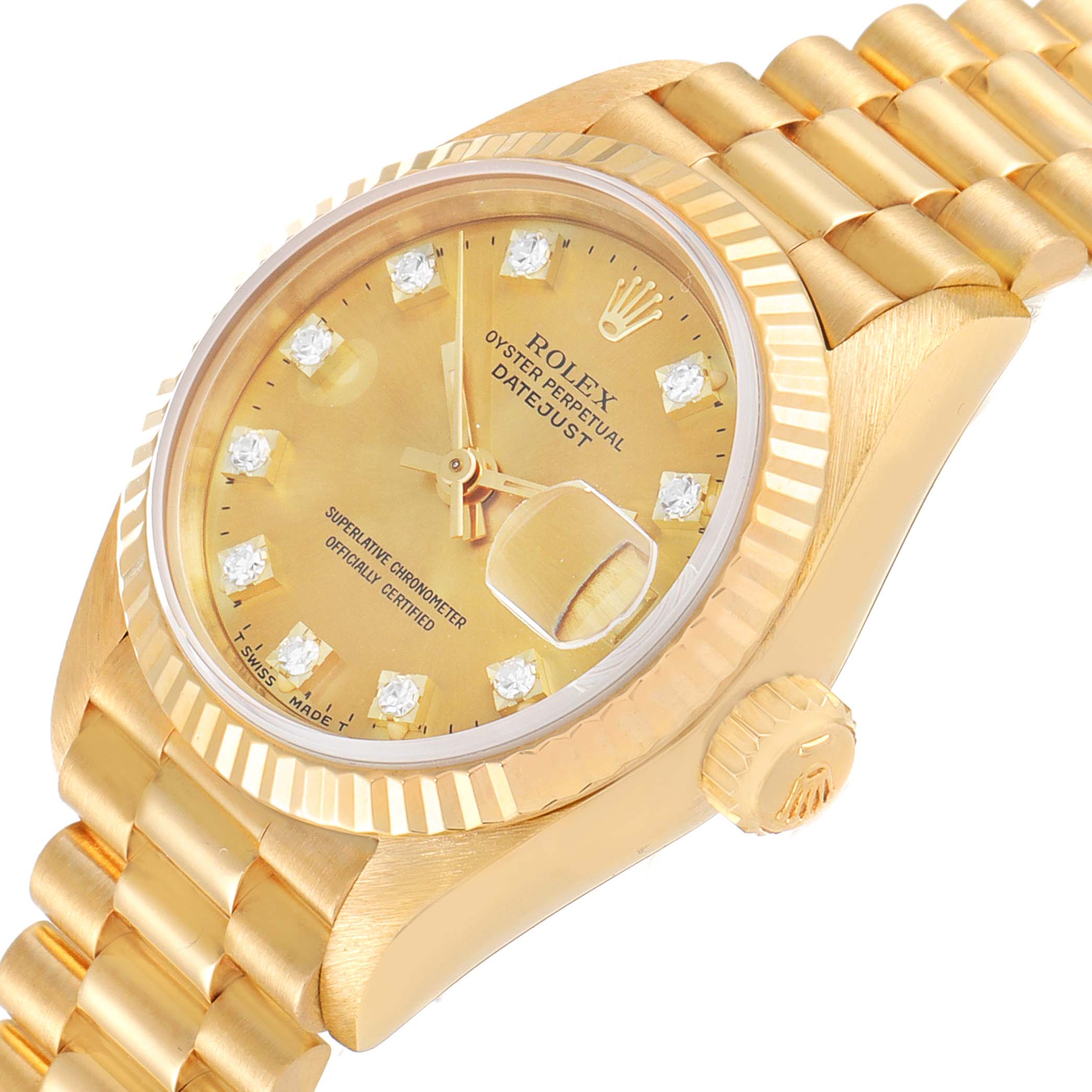 The image shows a side angle of a Rolex President 69178 Women
s Yellow Gold Champagne Dial 69178 Women
s Yellow Gold Champagne Dial model watch, highlighting the dial, bezel, crown, and part of the bracelet.