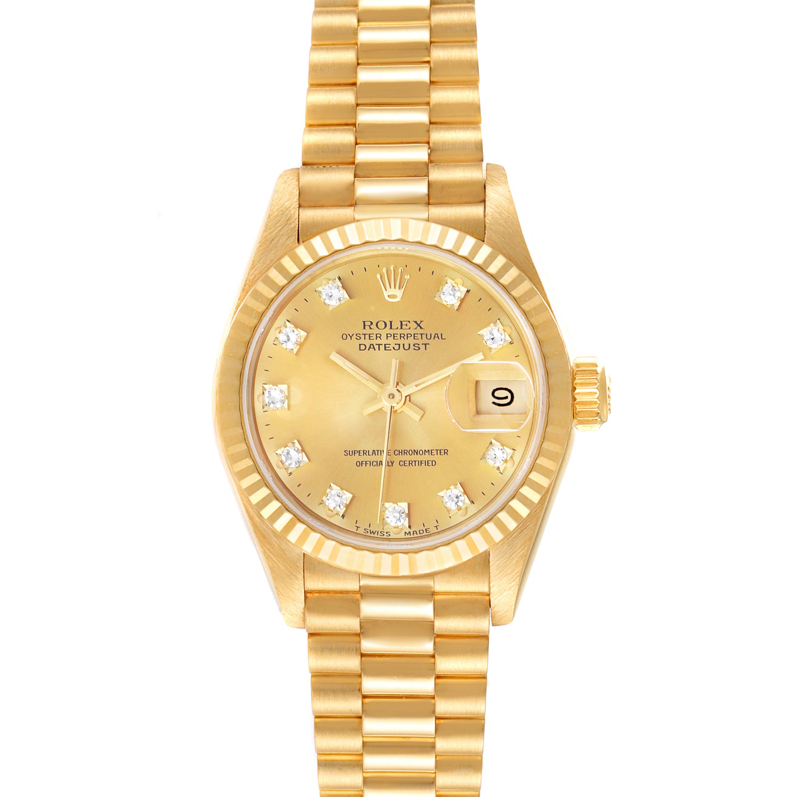 The image shows a Rolex President 69178 Women
s Yellow Gold Champagne Dial 69178 Women
s Yellow Gold Champagne Dial model watch from a front angle, displaying the dial, bezel, bracelet, and crown.