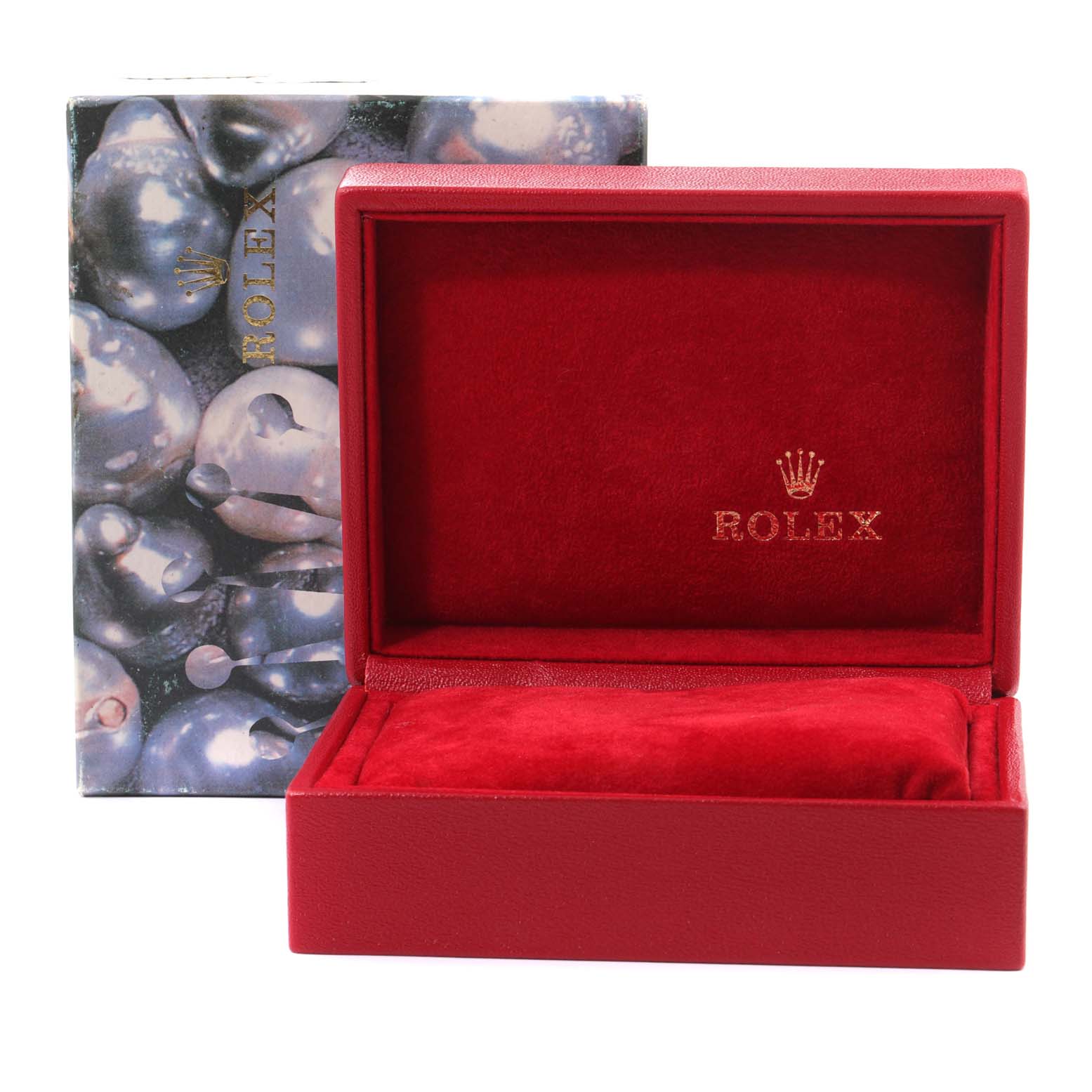 The image shows an open, empty red Rolex President 69178 Women
s Yellow Gold Champagne Dial 69178 Women
s Yellow Gold Champagne Dial watch box with the logo and branding inside.