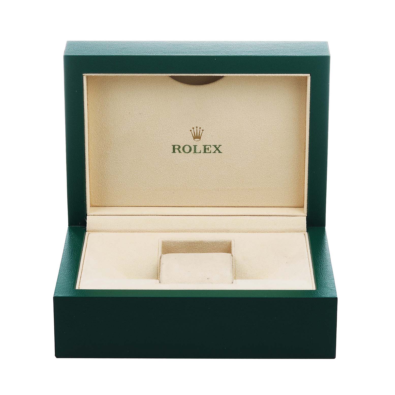 The image shows an open Rolex watch box for the Sea-Dweller model, featuring a green outer case and a beige interior.