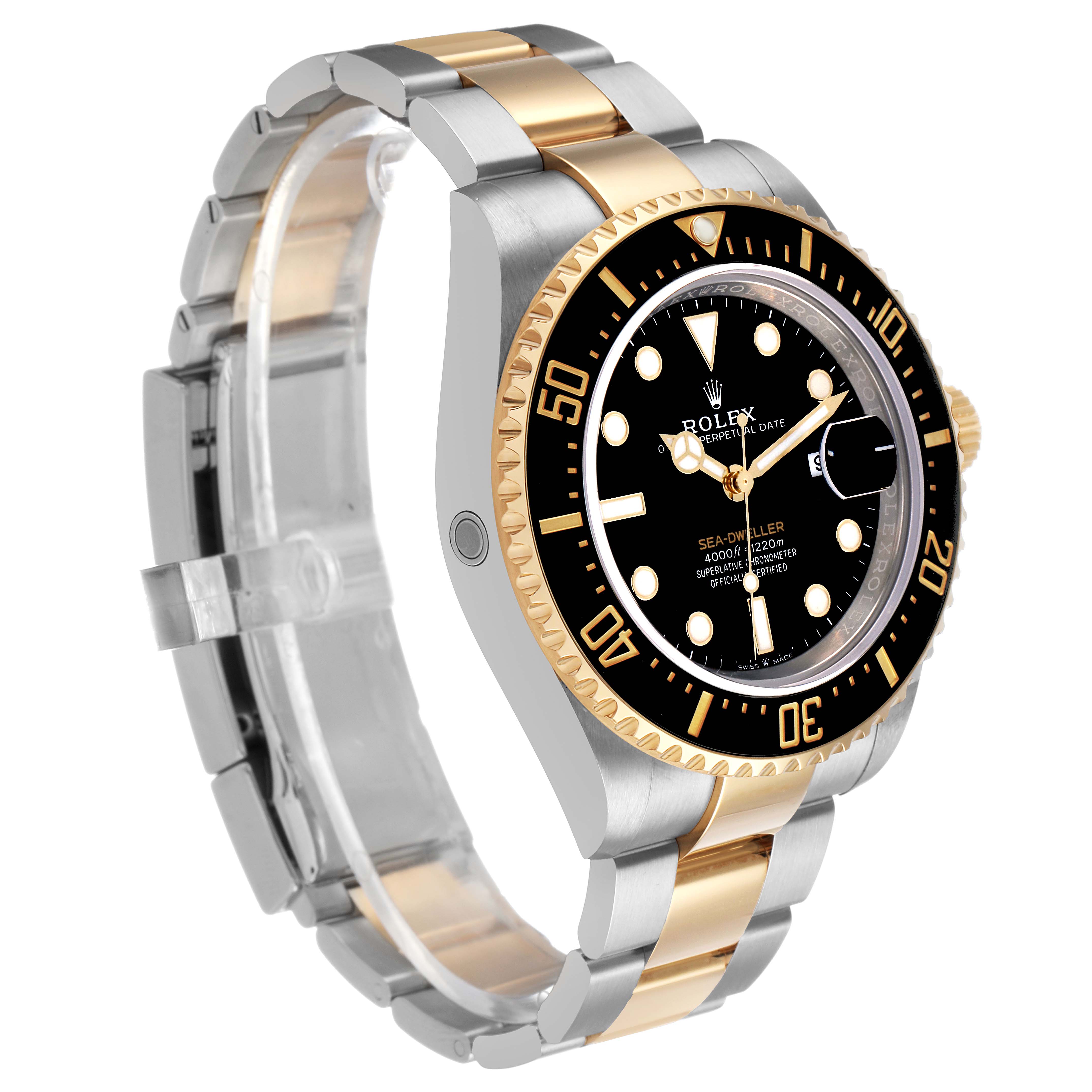 The Rolex Sea-Dweller 126603 Men's Stainless Steel Black Dial watch is shown at a three-quarter angle, displaying the black dial, gold and black bezel, and two-tone bracelet.