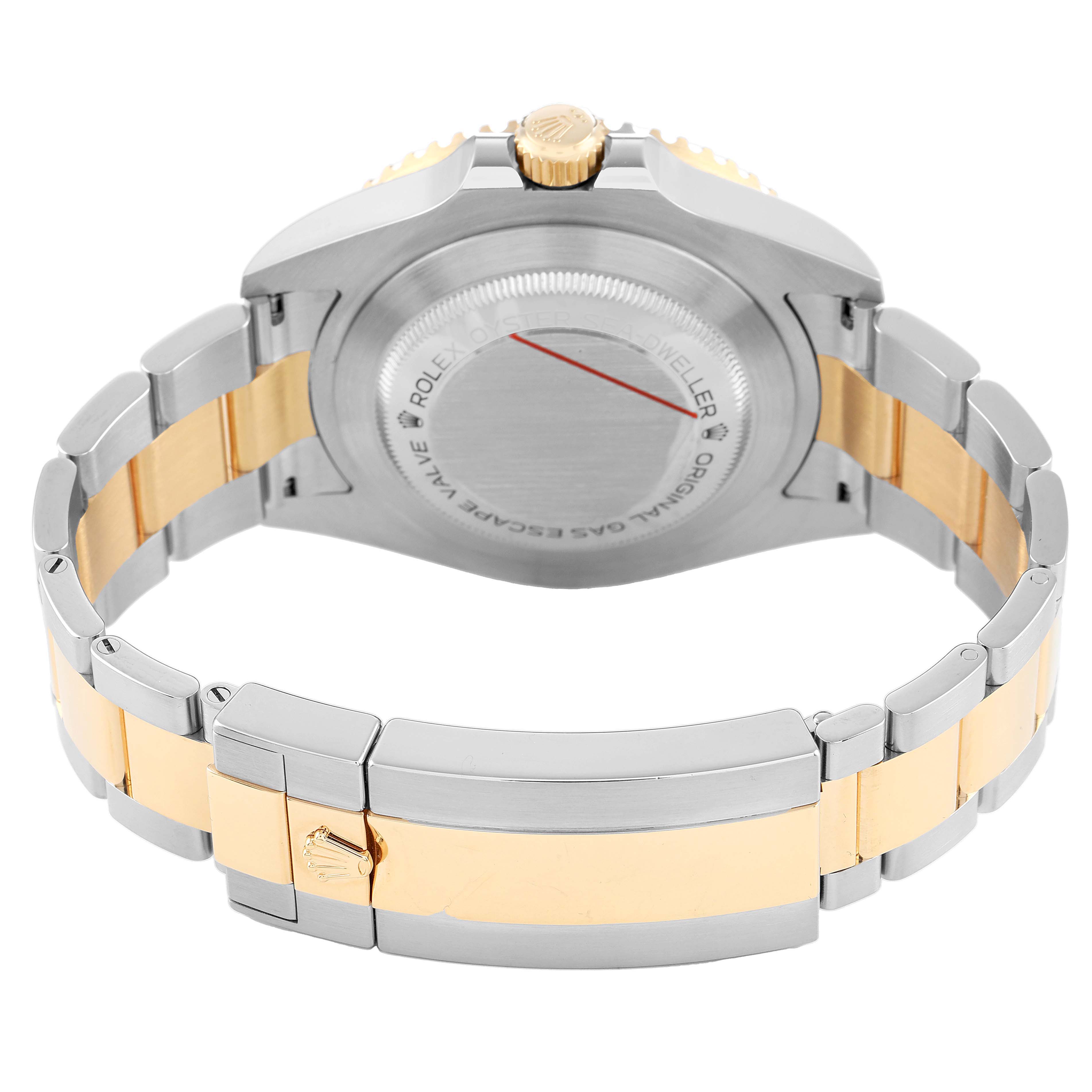 The image shows the back of the Rolex Sea-Dweller 126603 Men's Stainless Steel Black Dial watch, highlighting its bracelet, case back, and crown.