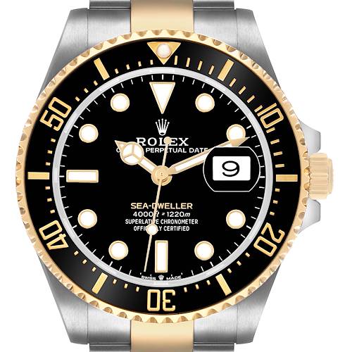 The Rolex Sea-Dweller 126603 Men's Stainless Steel Black Dial is shown from a front angle, highlighting its black dial, gold accents, and date window at 3 o'clock.