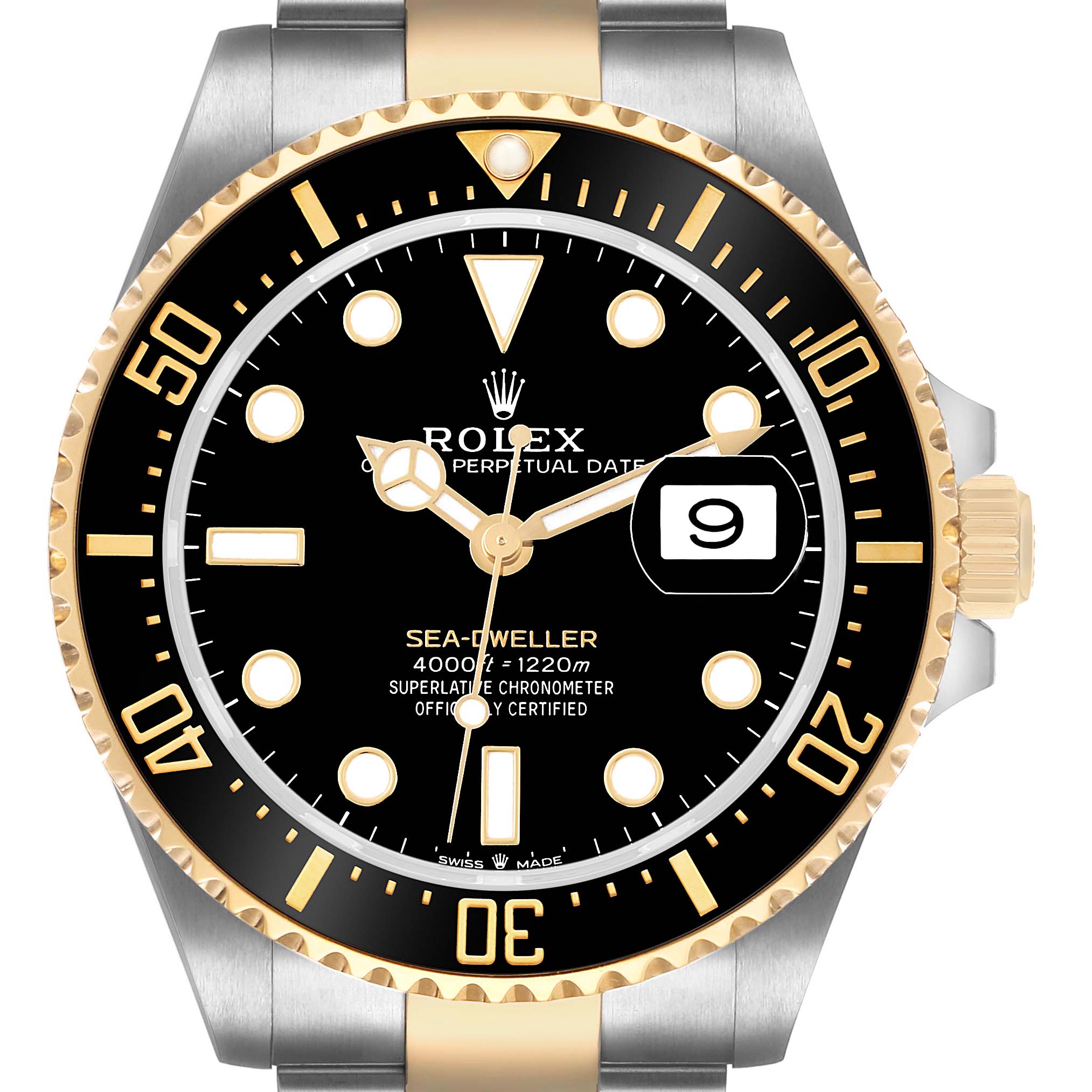 The Rolex Sea-Dweller 126603 Men's Stainless Steel Black Dial watch is shown from a front angle, highlighting the dial, bezel, and part of the bracelet.
