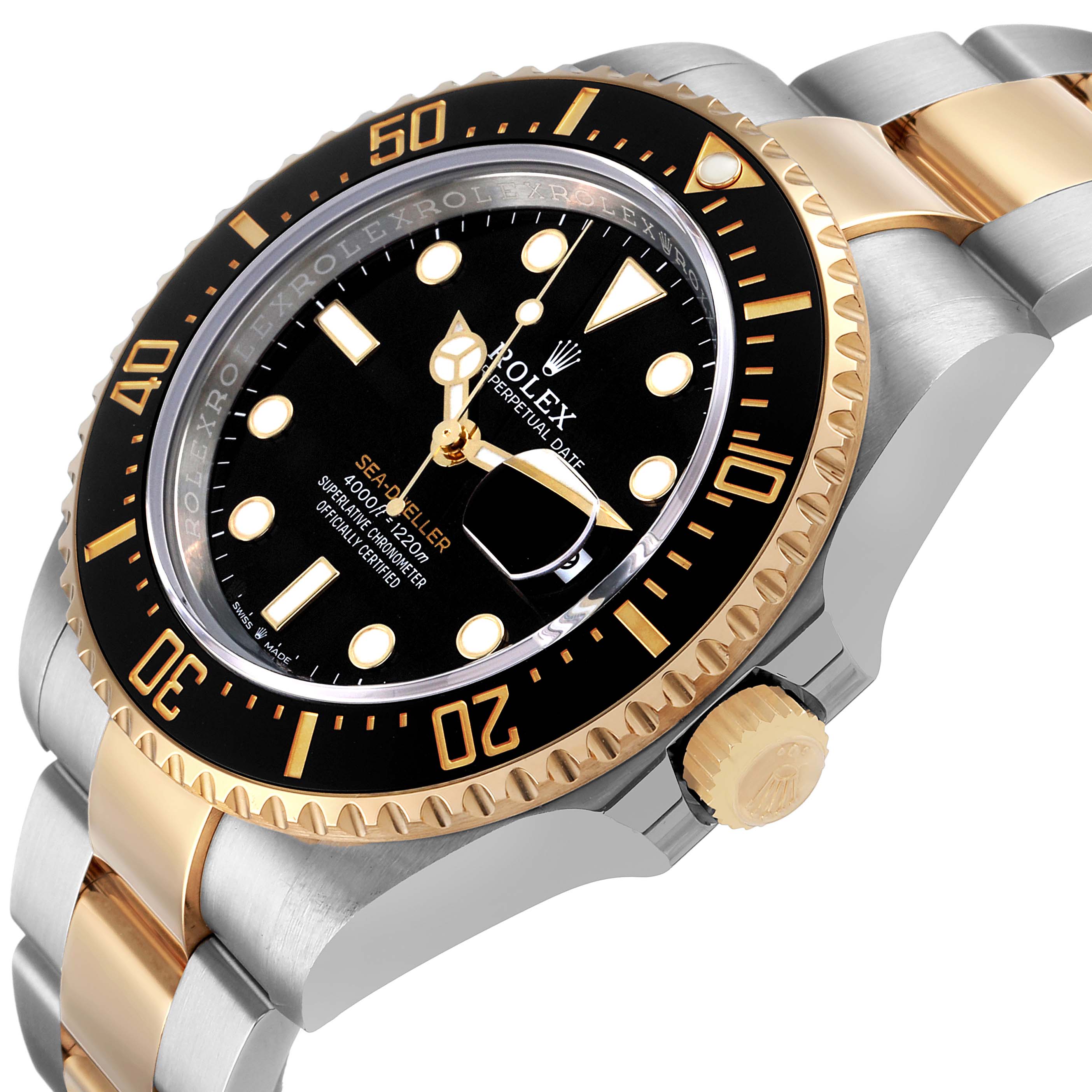 The Rolex Sea-Dweller 126603 Men's Stainless Steel Black Dial watch is shown at an angled side view, highlighting the bezel, dial, crown, and part of the bracelet.