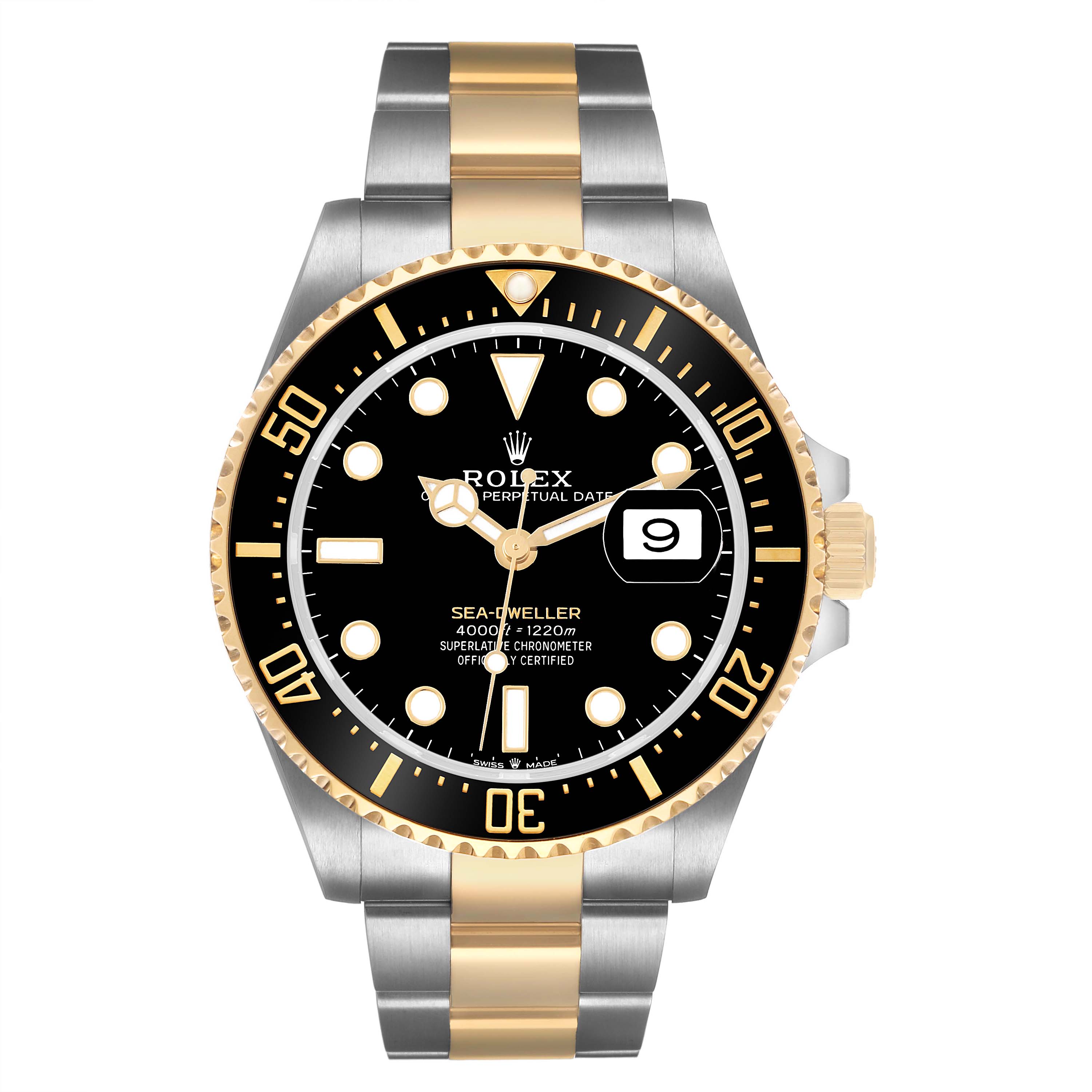 The Rolex Sea-Dweller 126603 Men's Stainless Steel Black Dial watch is shown from a top-down angle, highlighting its dial, bezel, and bracelet.