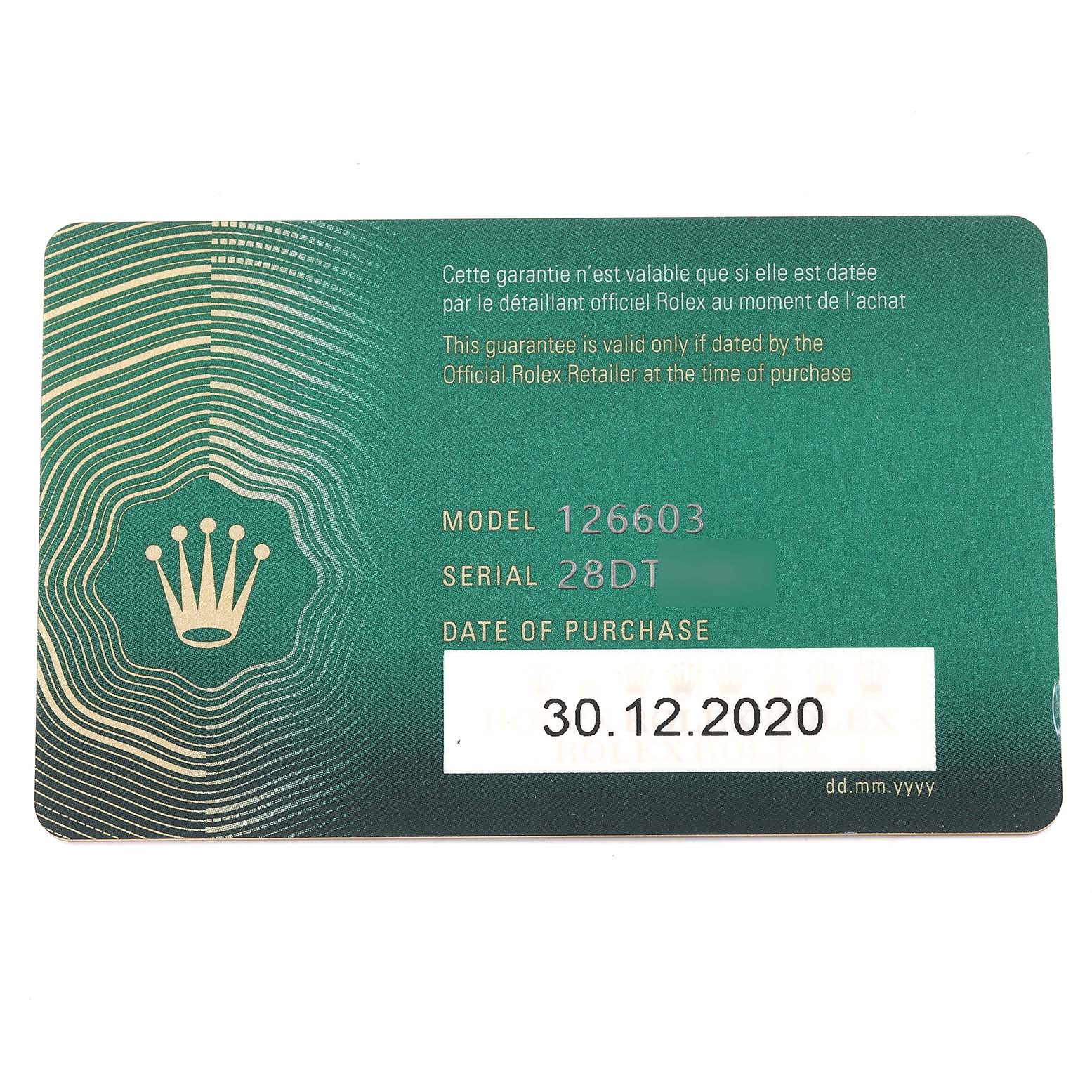 This is a guarantee card for the Rolex Sea-Dweller 126603 Men
s Steel and Gold (two tone) Black Dial 126603 Men
s Steel and Gold (two tone) Black Dial model, showing the model number, serial number, and date of purchase.