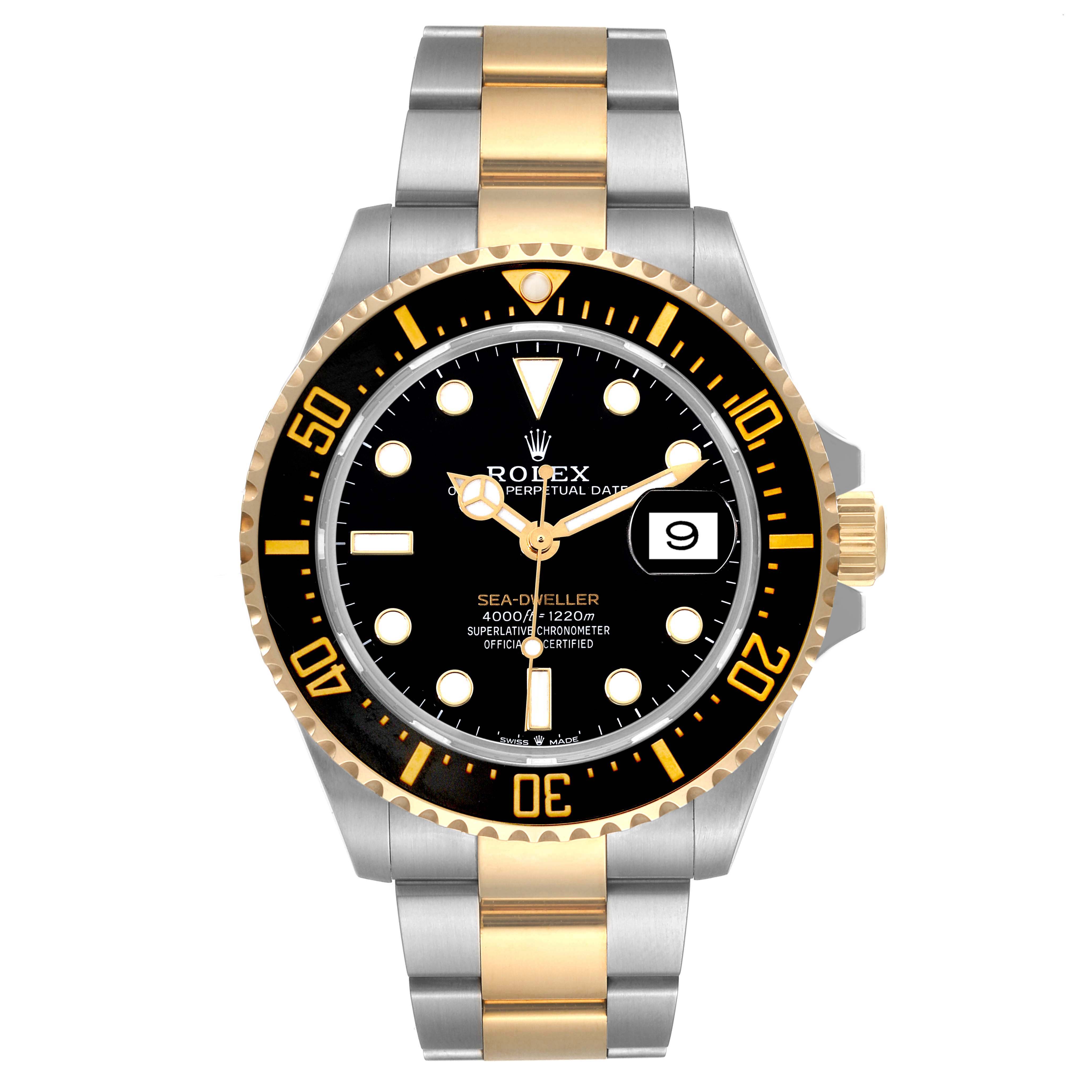 This Rolex Sea-Dweller 126603 Men
s Steel and Gold (two tone) Black Dial 126603 Men
s Steel and Gold (two tone) Black Dial watch is shown from a front angle, displaying the face, bezel, and bracelet.