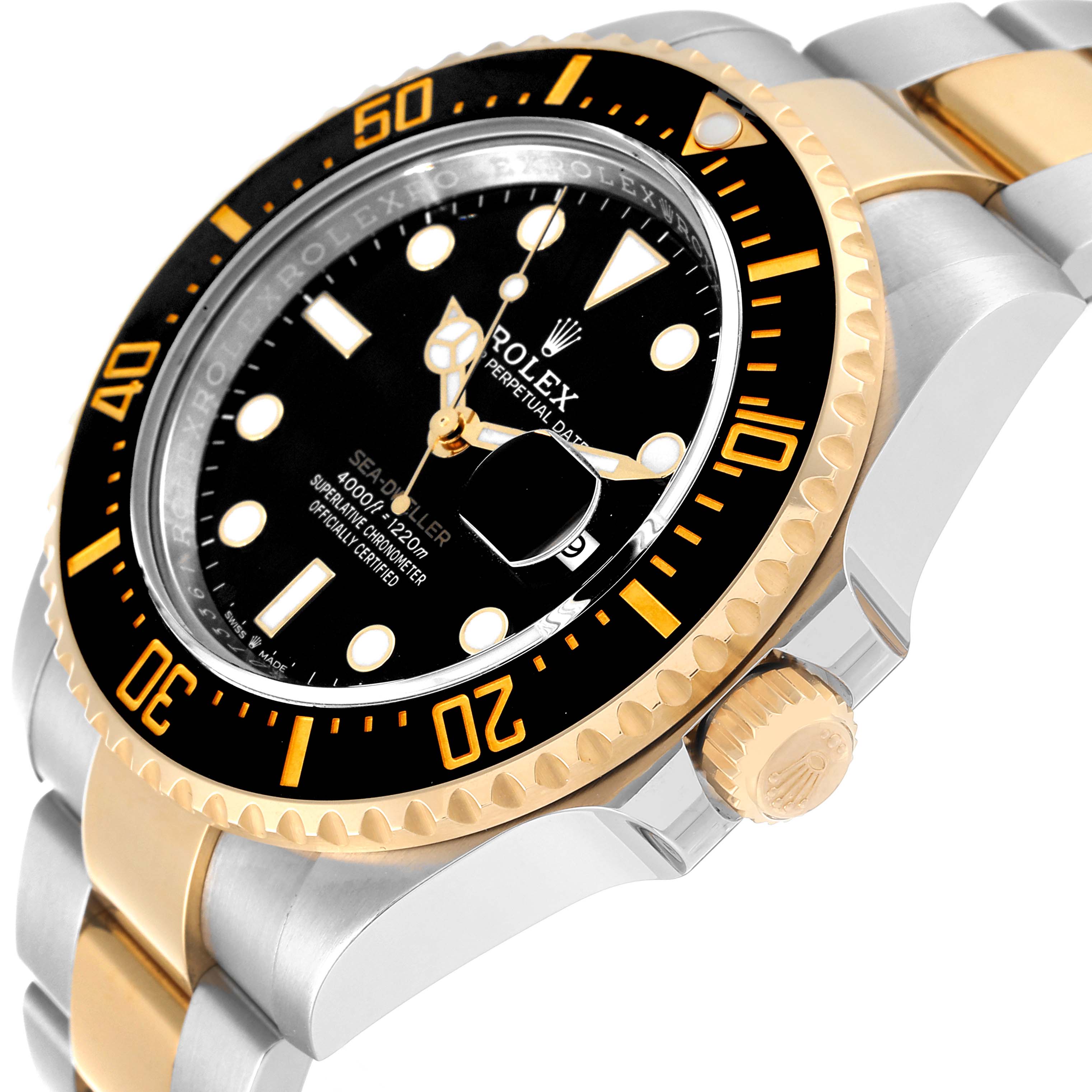 The image shows a close-up angle of the bezel, dial, crown, and part of the bracelet of the Rolex Sea-Dweller 126603 Men
s Steel and Gold (two tone) Black Dial 126603 Men
s Steel and Gold (two tone) Black Dial watch.