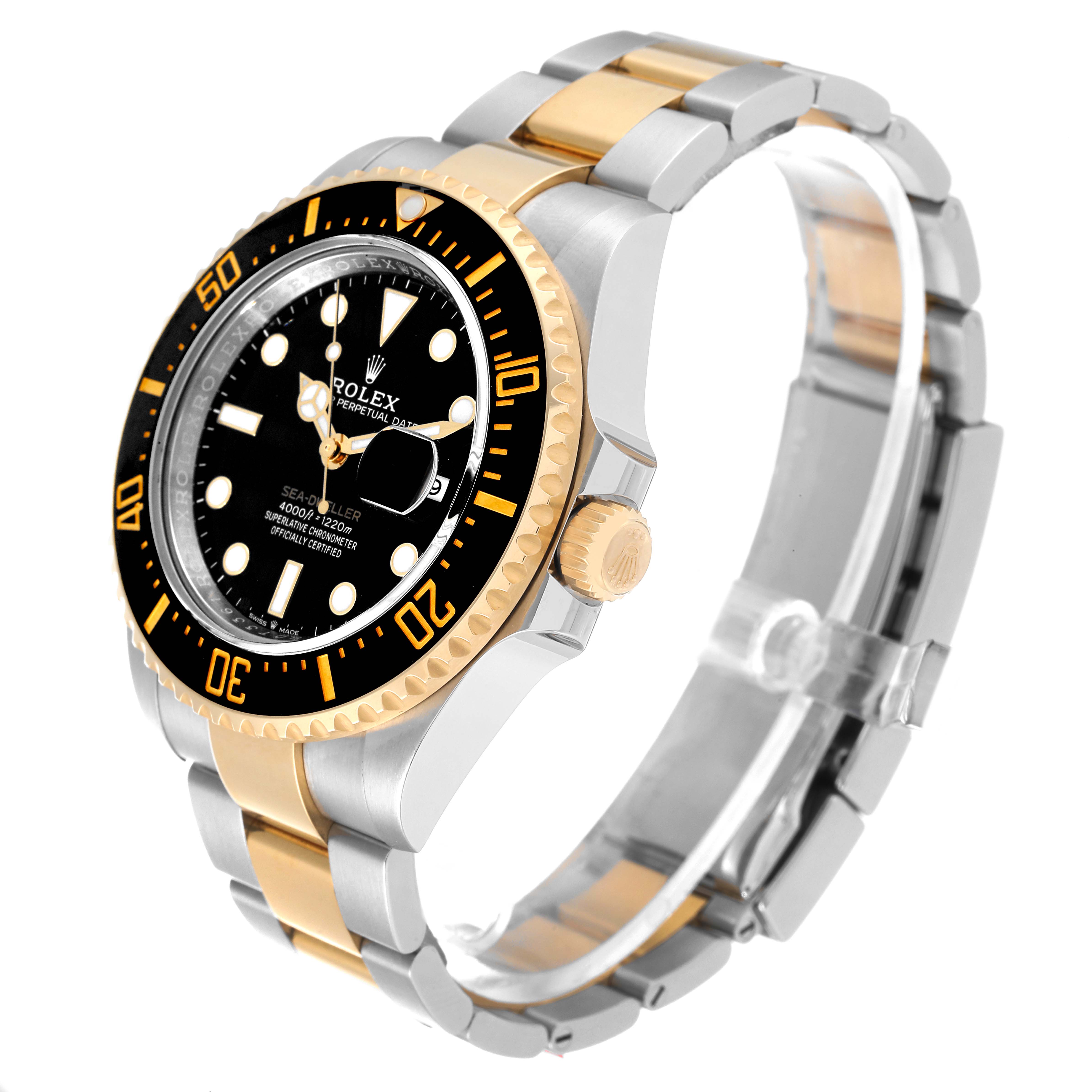 This image displays the front and side of the Rolex Sea-Dweller 126603 Men
s Steel and Gold (two tone) Black Dial 126603 Men
s Steel and Gold (two tone) Black Dial, highlighting its dial, bezel, crown, and two-tone bracelet.