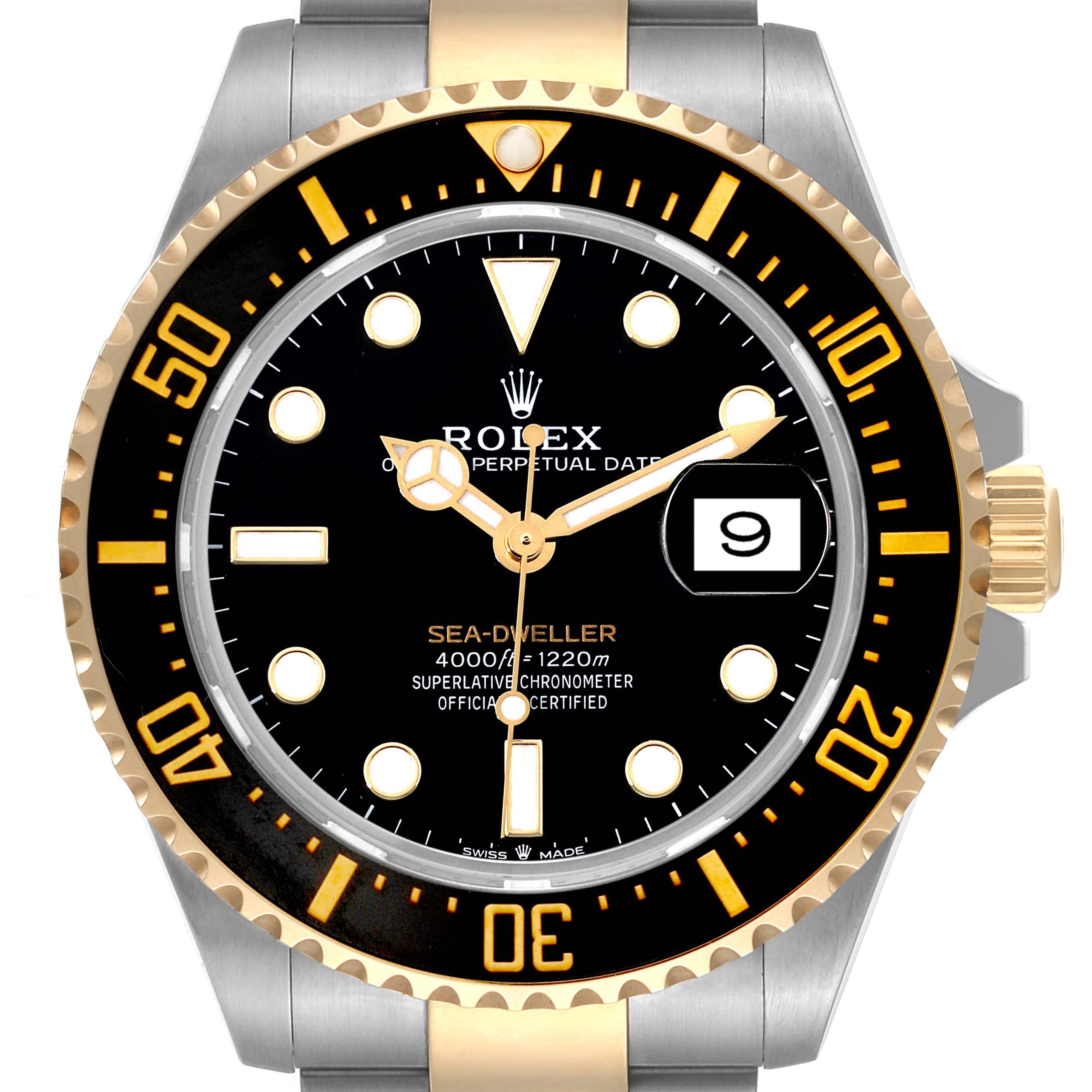 The image shows a front view of the Rolex Sea-Dweller 126603 Men
s Steel and Gold (two tone) Black Dial 126603 Men
s Steel and Gold (two tone) Black Dial watch, highlighting its dial, bezel, and case.