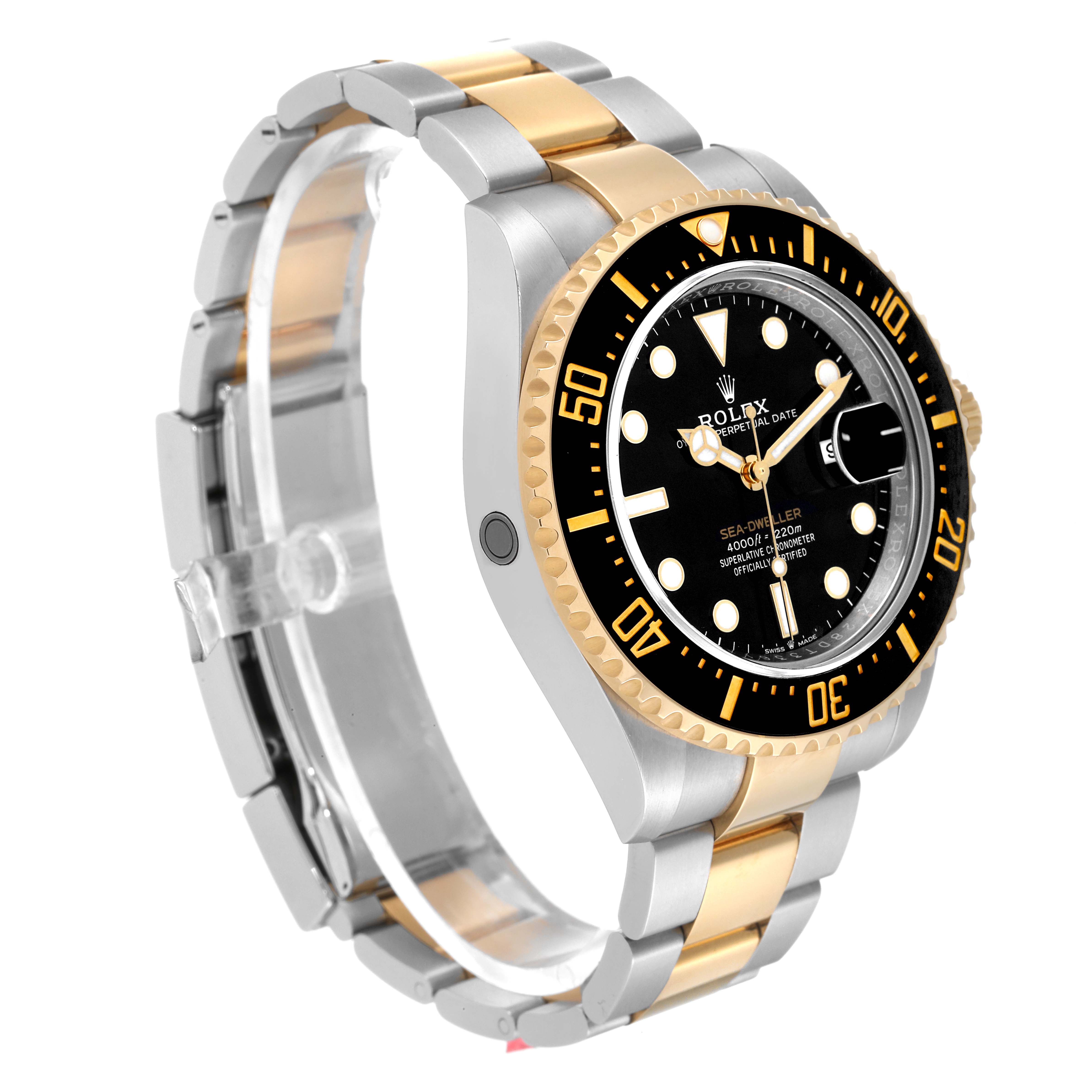 The image shows a Rolex Sea-Dweller 126603 Men
s Steel and Gold (two tone) Black Dial 126603 Men
s Steel and Gold (two tone) Black Dial watch at a slight angle, highlighting the black dial, bezel, and dual-tone metal bracelet.