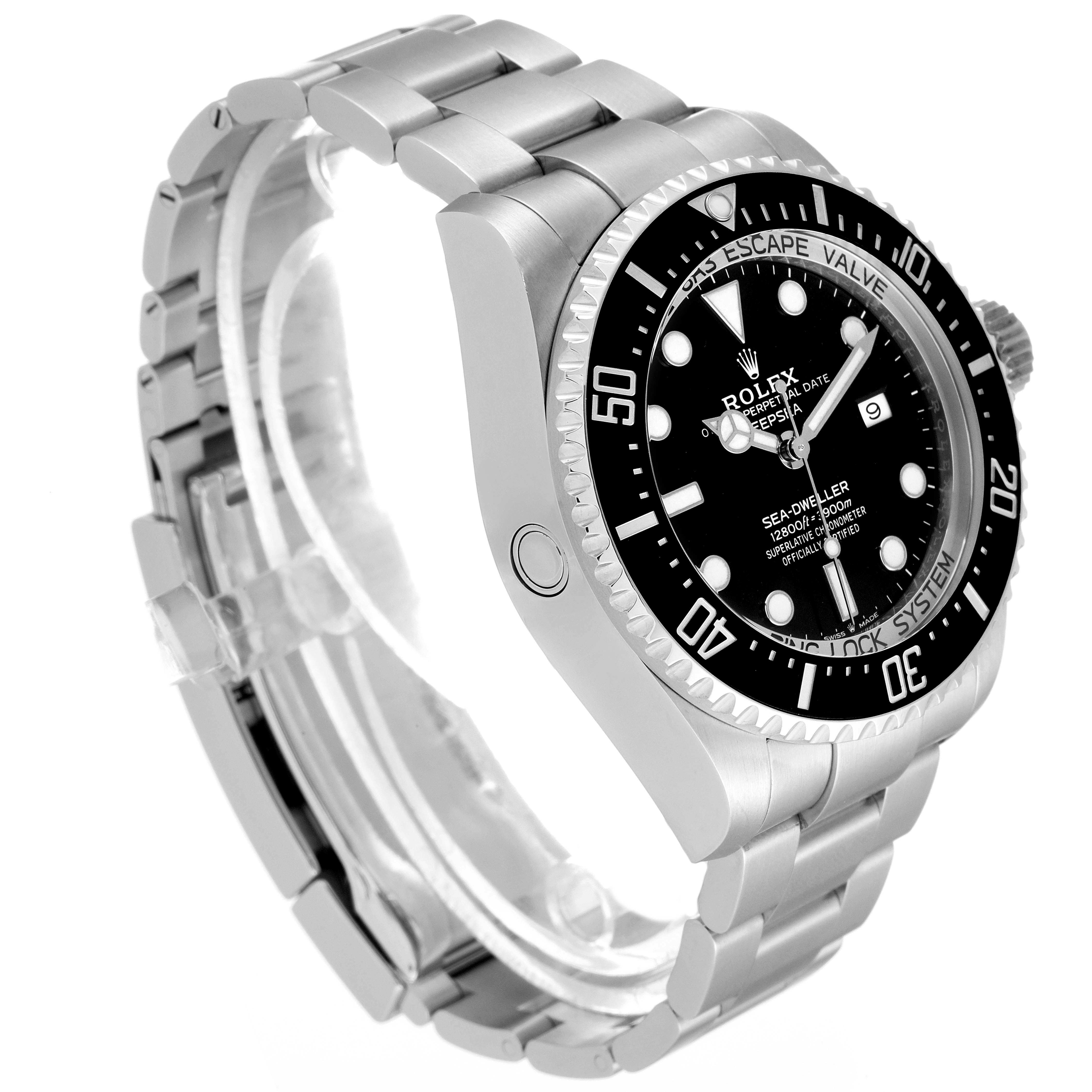 The Rolex Sea-Dweller 126660 Men's Stainless Steel Black Dial 126660 Men's Stainless Steel Black Dial watch is shown at a three-quarter angle, highlighting its face, bezel, and metallic bracelet.