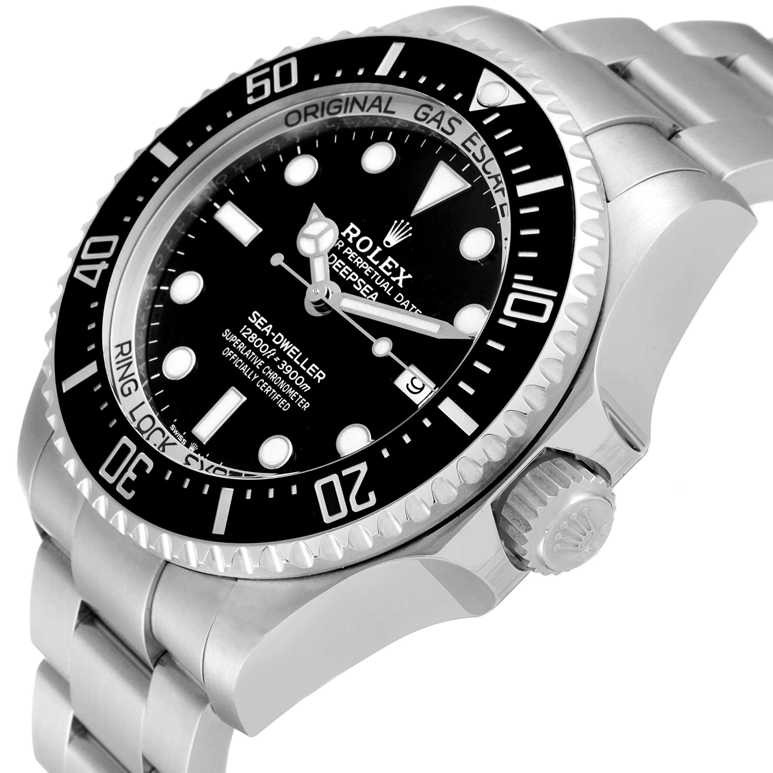 The image shows a close-up angled view of the Rolex Sea-Dweller 126660 Men's Stainless Steel Black Dial 126660 Men's Stainless Steel Black Dial watch face, bezel, crown, and part of the bracelet.
