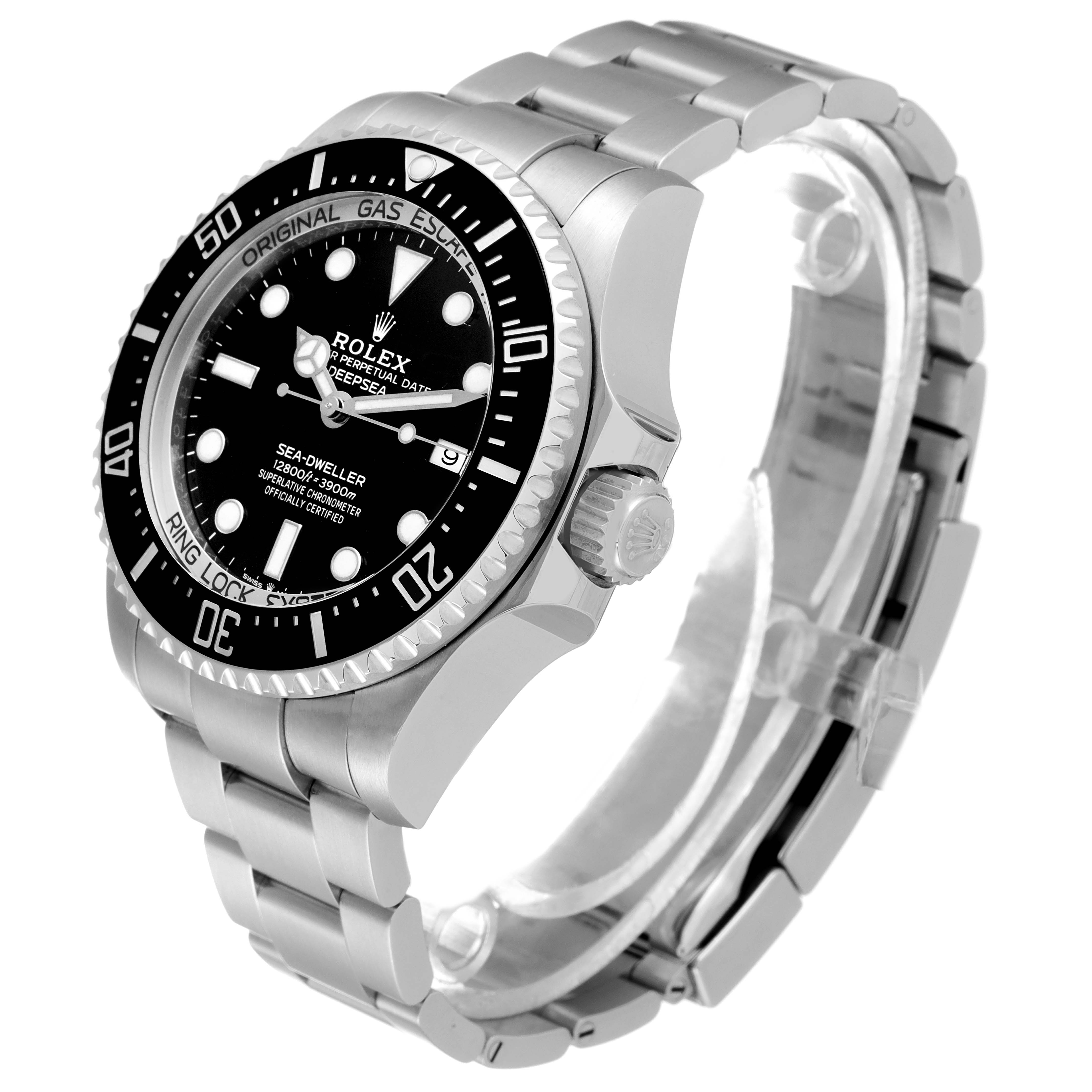 The image shows a side angle of the Rolex Sea-Dweller 126660 Men's Stainless Steel Black Dial 126660 Men's Stainless Steel Black Dial watch, highlighting the bezel, dial, crown, and bracelet.