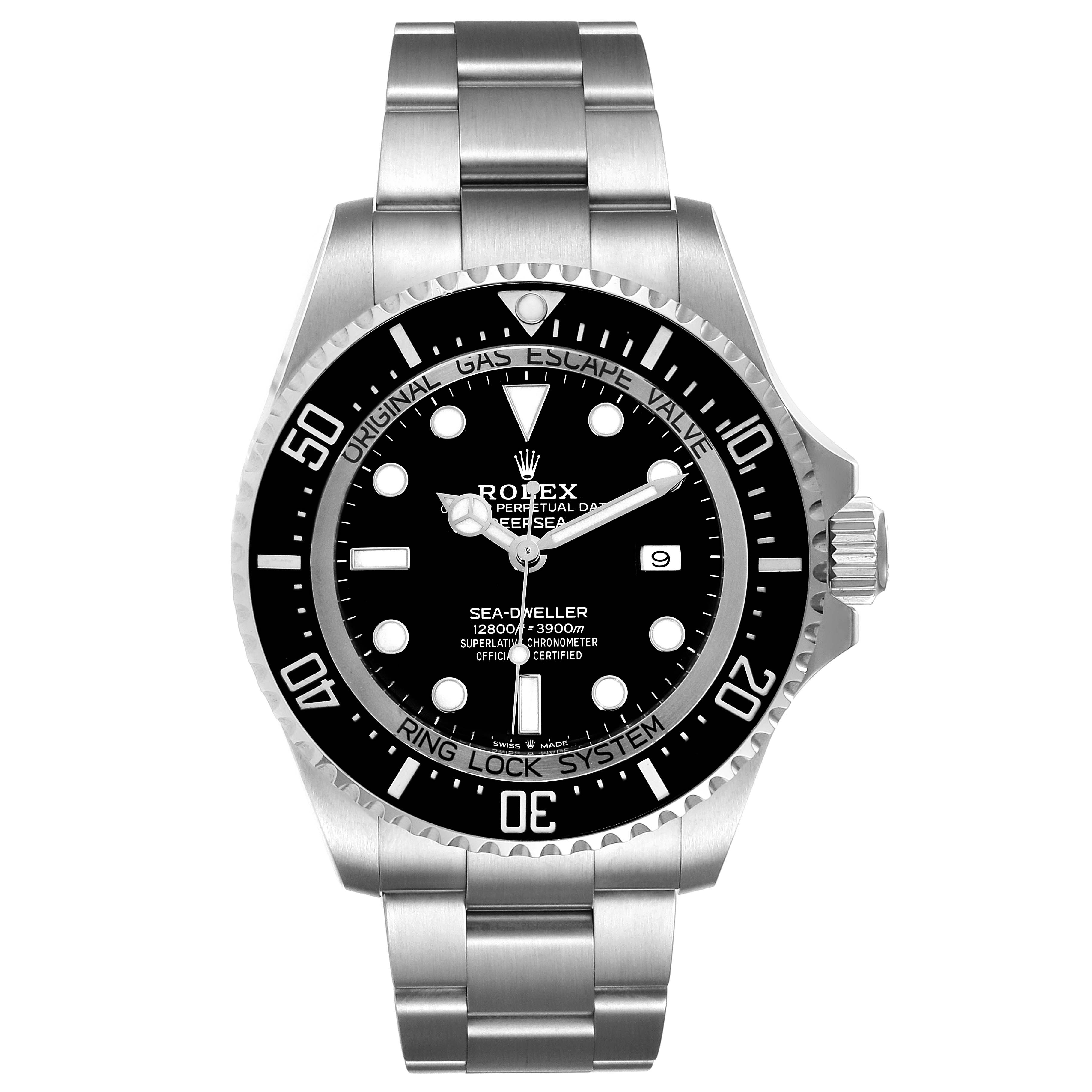 This image shows a front view of the Rolex Sea-Dweller 126660 Men's Stainless Steel Black Dial 126660 Men's Stainless Steel Black Dial watch, displaying its dial, bezel, and bracelet.