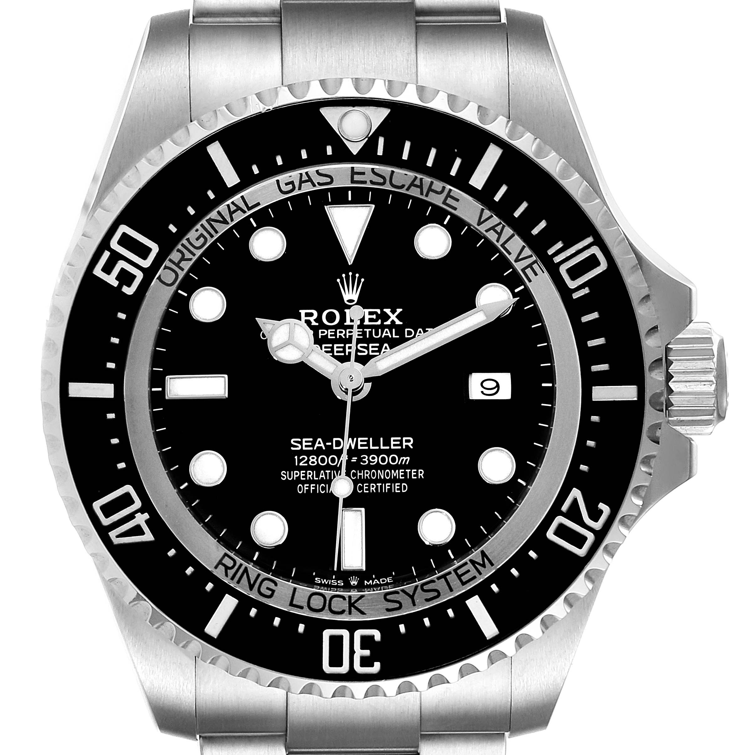This is a front view of the Rolex Sea-Dweller 126660 Men's Stainless Steel Black Dial 126660 Men's Stainless Steel Black Dial watch, showing the bezel, dial, hands, markers, and part of the bracelet.