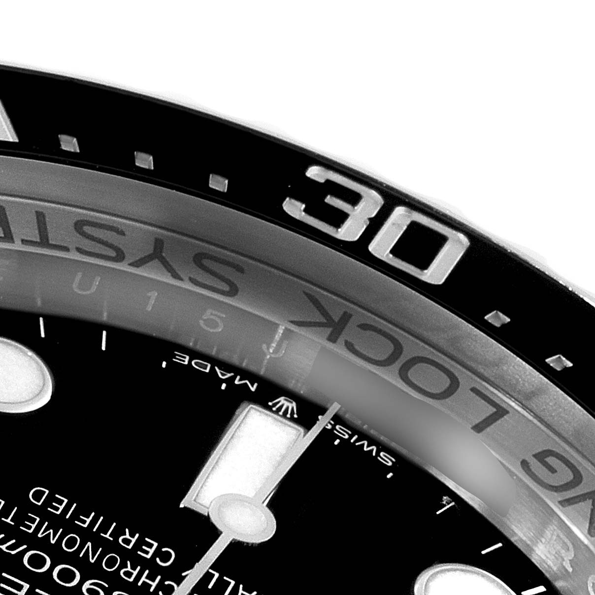This image shows a close-up of the dial and bezel of a Rolex Sea-Dweller 126660 Men's Stainless Steel Black Dial 126660 Men's Stainless Steel Black Dial watch, focusing on the 30-minute mark.