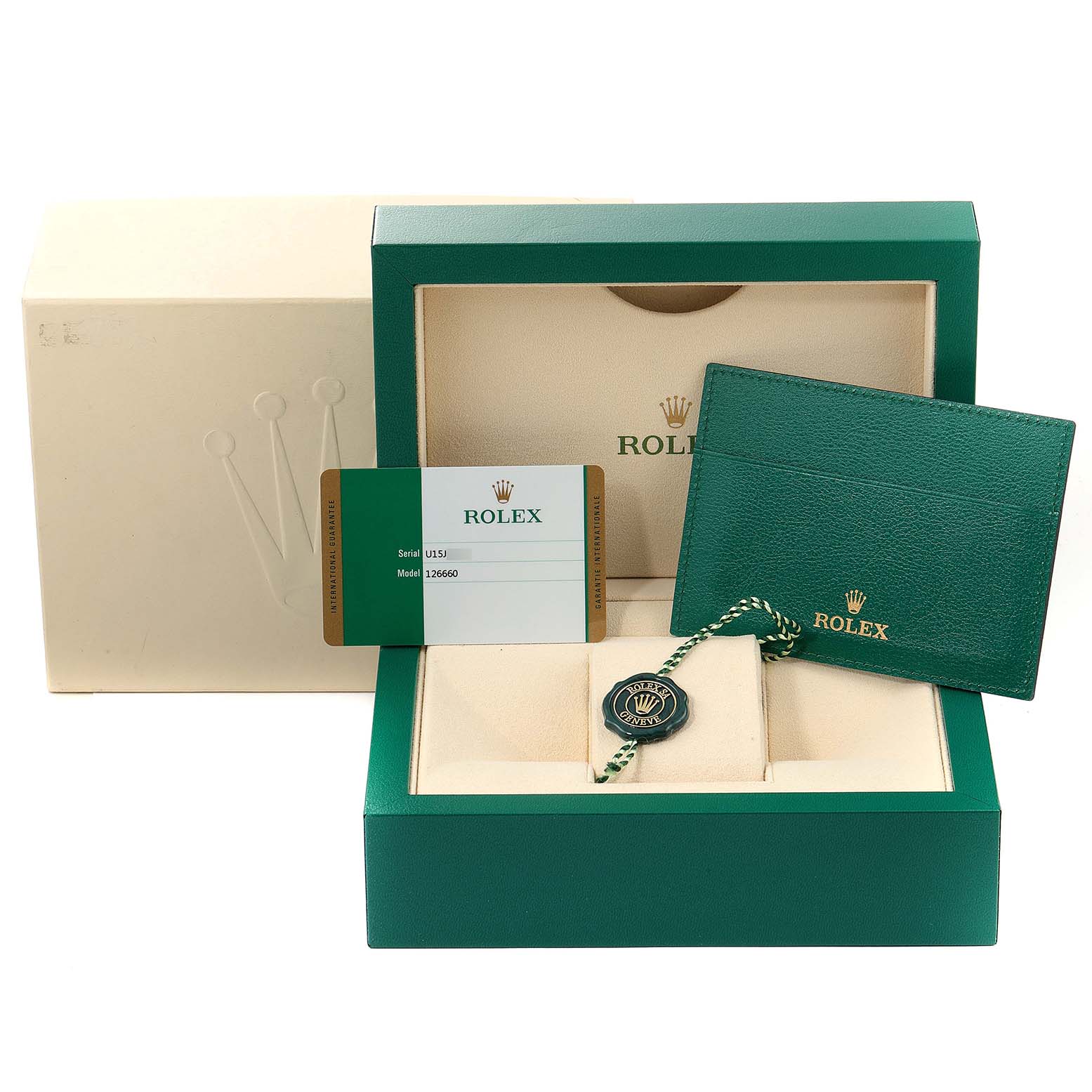 The image showcases a Rolex Sea-Dweller 126660 Men's Stainless Steel Black Dial 126660 Men's Stainless Steel Black Dial watch box, warranty card, green cardholder, and a tag, all from a frontal angle.