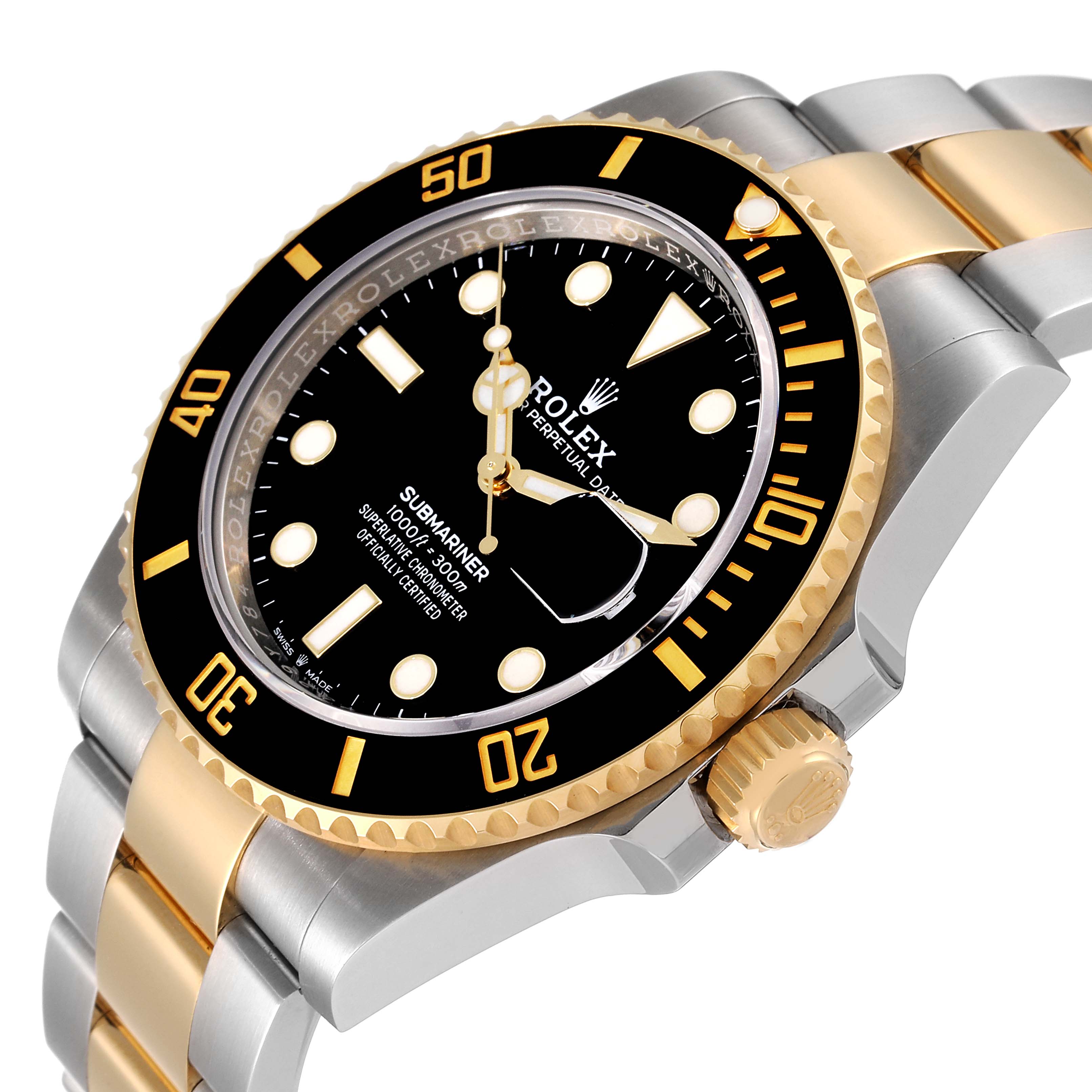 This image shows a side view of a Rolex Submariner 126613 Men's Steel and Gold (two tone) Black Dial 126613 Men's Steel and Gold (two tone) Black Dial watch, highlighting the bezel, dial, crown, and bracelet.