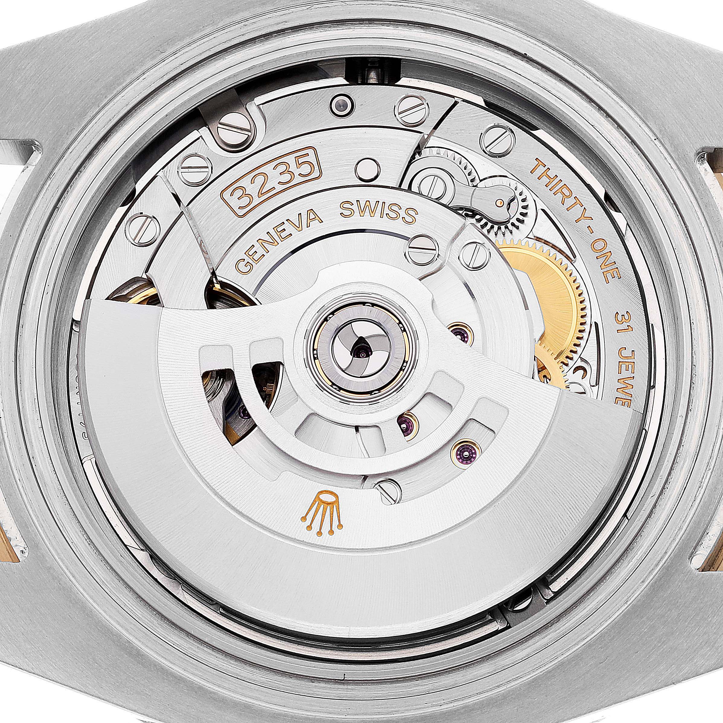 The image shows a close-up of the movement mechanism in the Rolex Submariner 126613 Men's Steel and Gold (two tone) Black Dial 126613 Men's Steel and Gold (two tone) Black Dial, specifically the Calibre 3235.