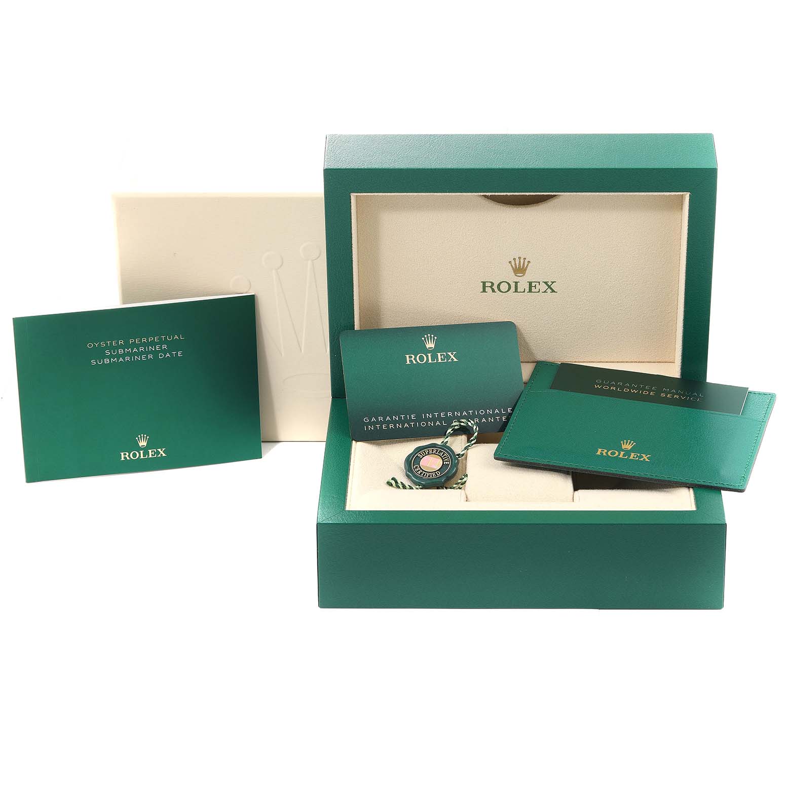 The image shows the packaging, warranty cards, and accessories for a Rolex Submariner 126613 Men's Steel and Gold (two tone) Black Dial 126613 Men's Steel and Gold (two tone) Black Dial watch.
