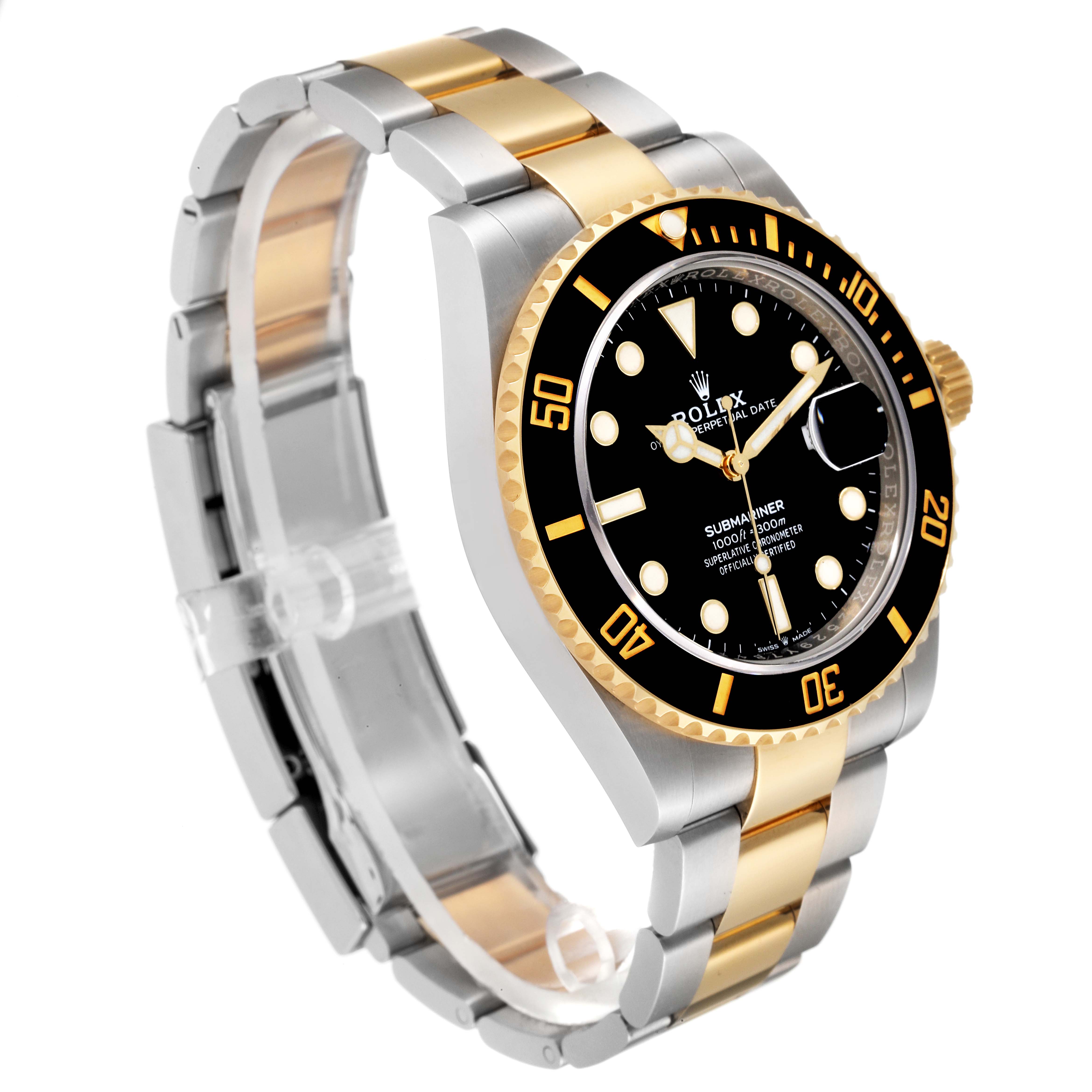 The image shows a side view of the Rolex Submariner 126613 Men's Steel and Gold (two tone) Black Dial 126613 Men's Steel and Gold (two tone) Black Dial watch focusing on its face, bezel, and two-tone bracelet.