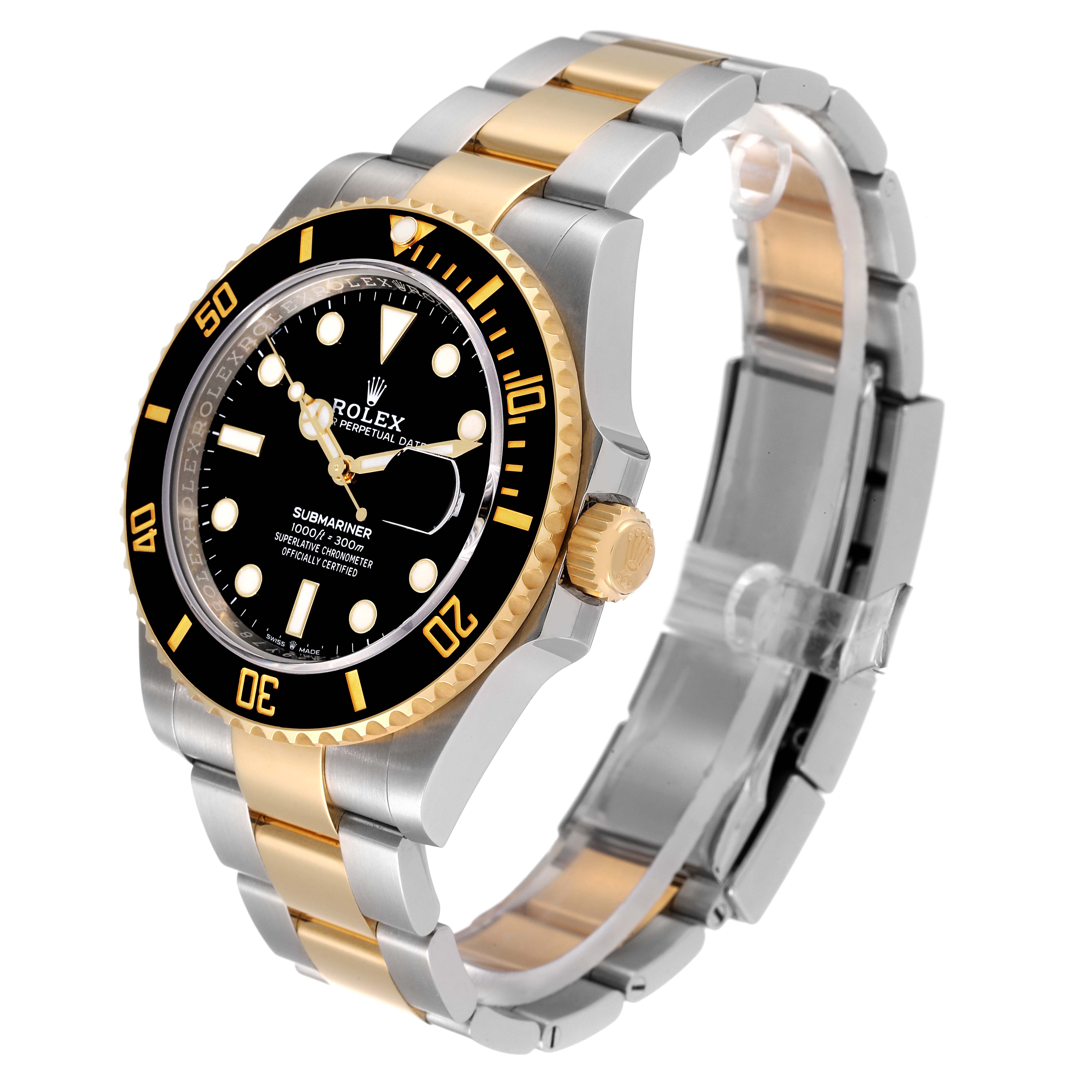The image shows a side-angle view of the Rolex Submariner 126613 Men's Steel and Gold (two tone) Black Dial 126613 Men's Steel and Gold (two tone) Black Dial, highlighting its two-tone metal bracelet and black bezel.