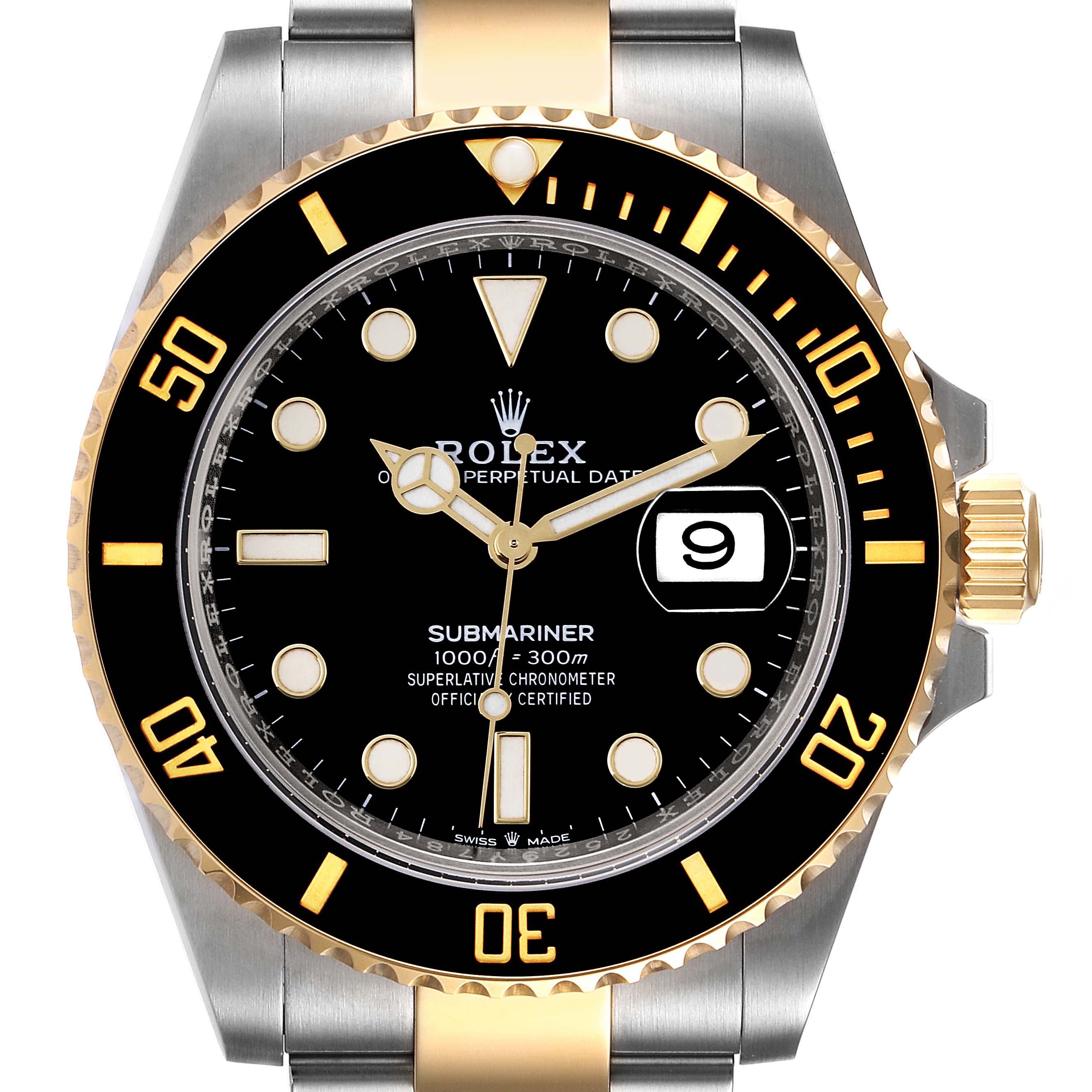 The Rolex Submariner 126613 Men's Steel and Gold (two tone) Black Dial 126613 Men's Steel and Gold (two tone) Black Dial watch is shown from a front view, highlighting its dial, bezel, crown, and bracelet.