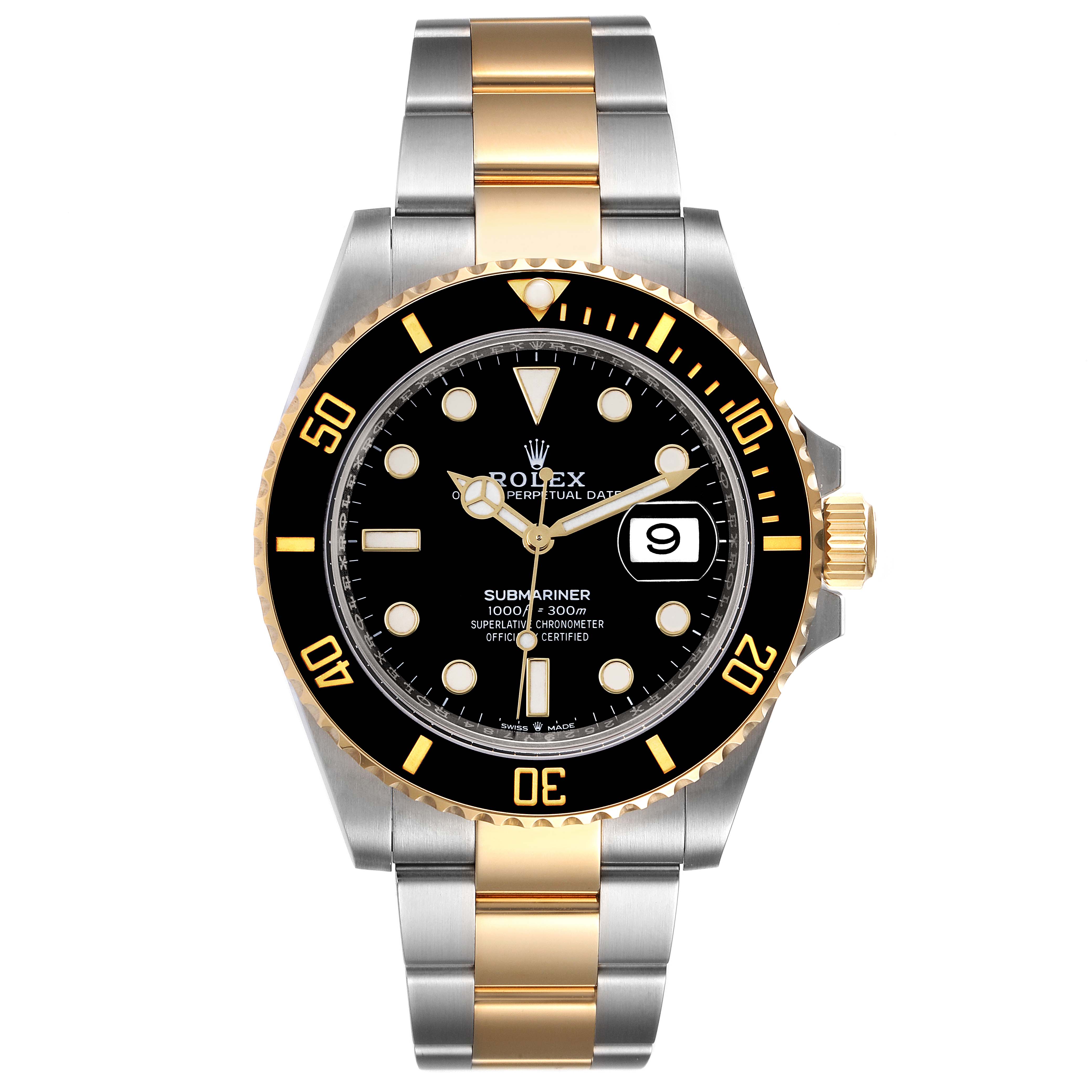 This image shows a front view of the Rolex Submariner 126613 Men's Steel and Gold (two tone) Black Dial 126613 Men's Steel and Gold (two tone) Black Dial watch, highlighting its black dial, gold bezel, and two-tone bracelet.