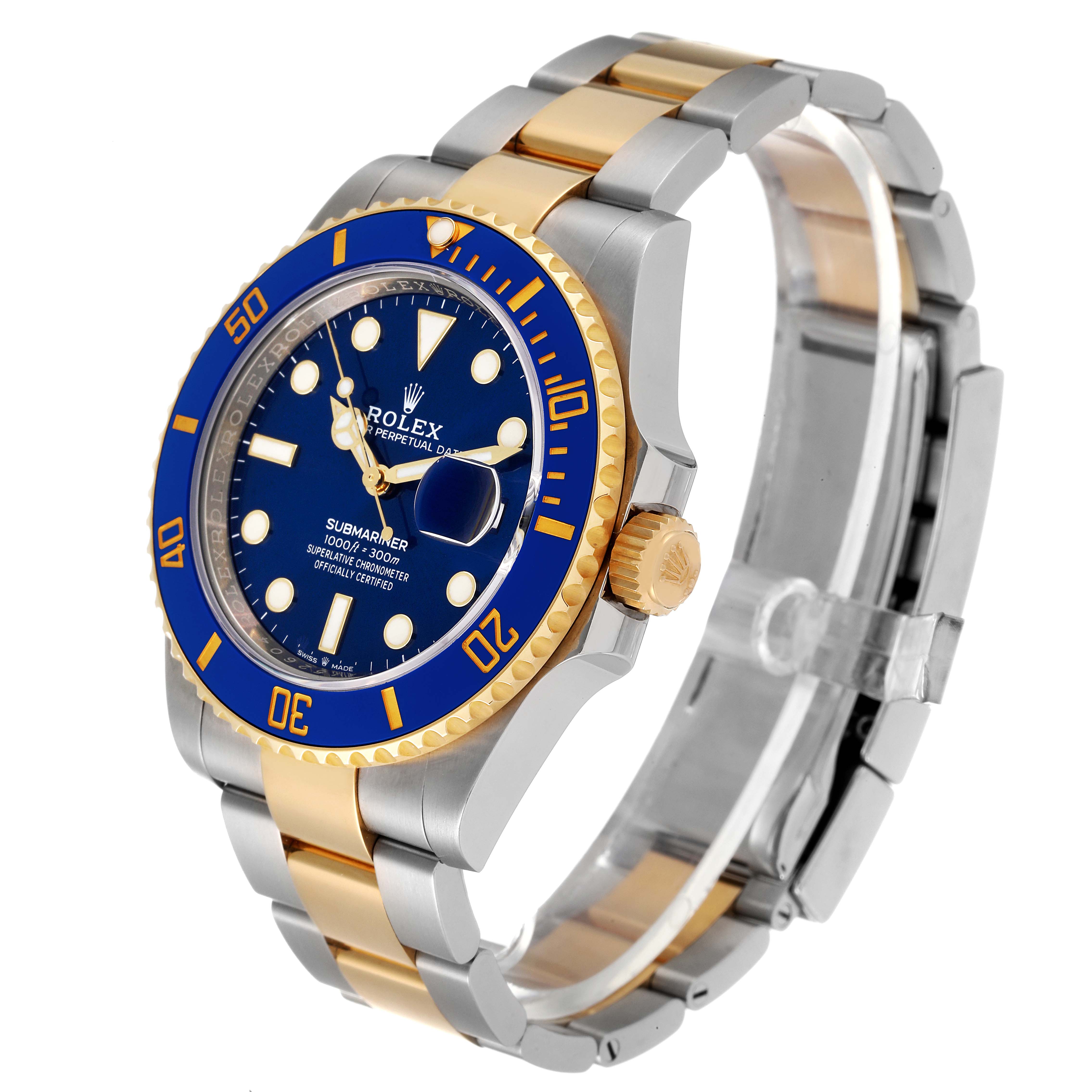 The image displays a side and front angle of a Rolex Submariner 126613 Men's Steel and Gold (two tone) Blue Dial 126613 Men's Steel and Gold (two tone) Blue Dial watch, highlighting its blue dial, bezel, and two-tone bracelet.