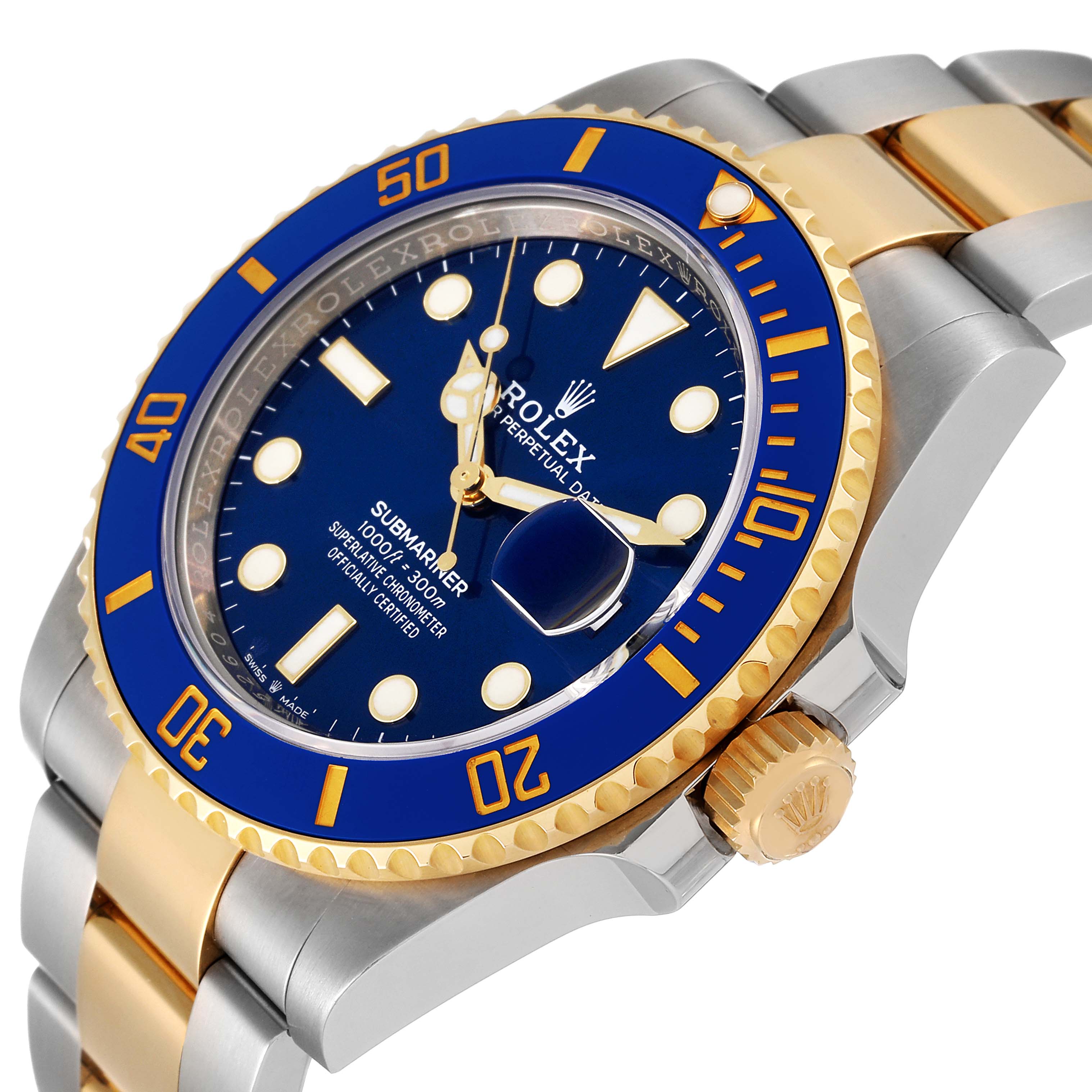 This image features a close-up of a Rolex Submariner 126613 Men's Steel and Gold (two tone) Blue Dial 126613 Men's Steel and Gold (two tone) Blue Dial watch at an angle, highlighting the blue dial, gold bezel, and two-tone bracelet.