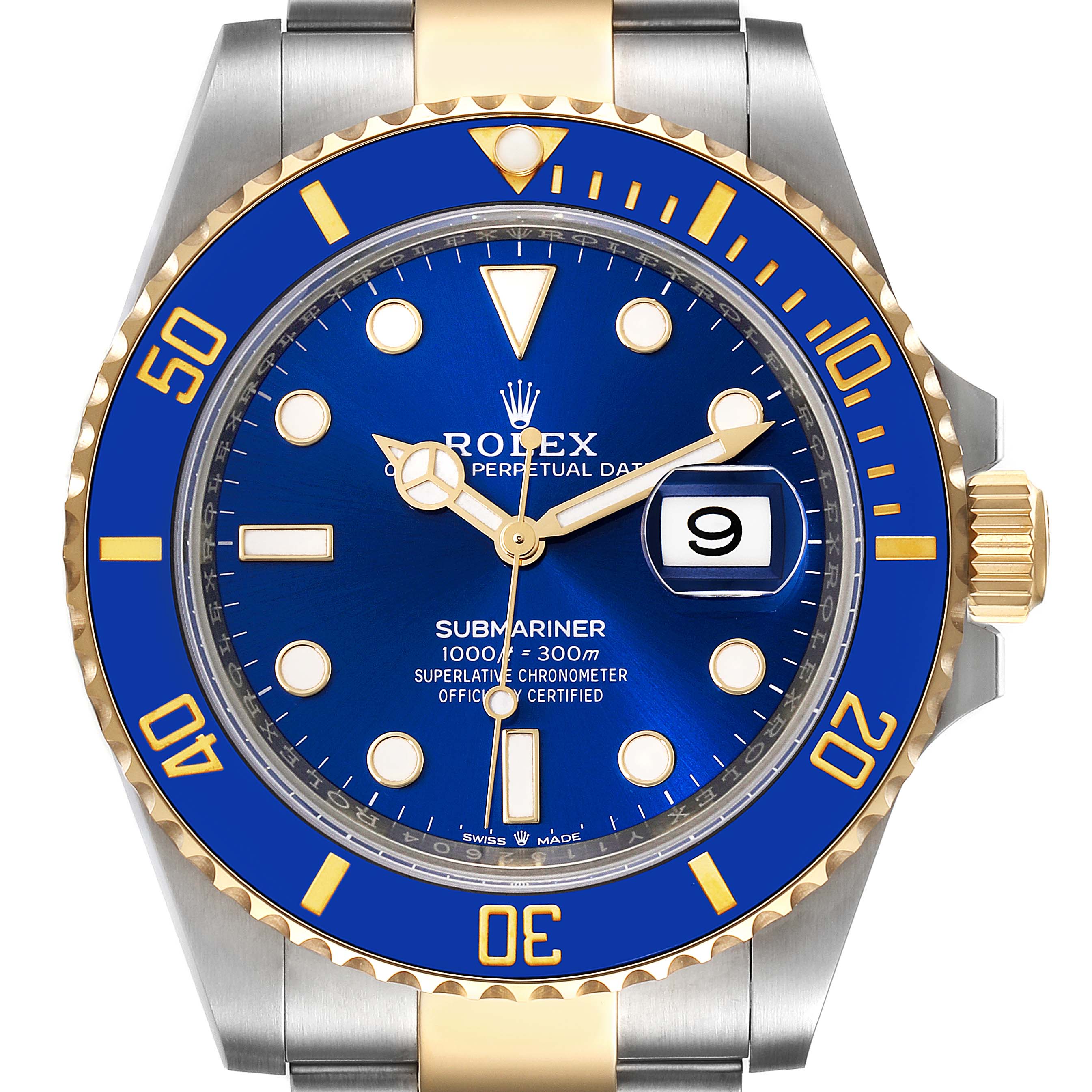 This Rolex Submariner 126613 Men's Steel and Gold (two tone) Blue Dial 126613 Men's Steel and Gold (two tone) Blue Dial watch is shown from a front angle, highlighting the blue dial, bezel, crown, and two-tone bracelet.