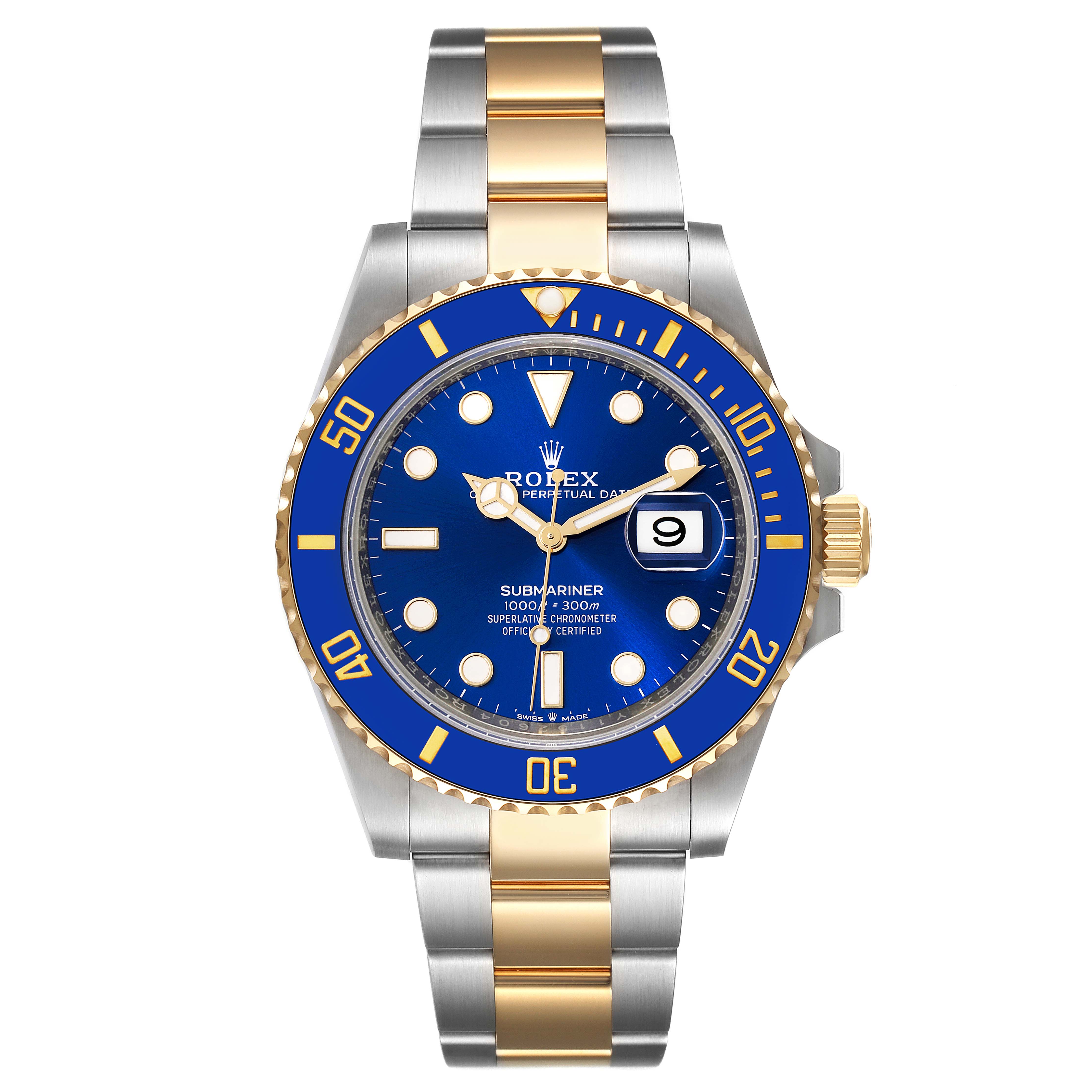 The image shows a front view of a Rolex Submariner 126613 Men's Steel and Gold (two tone) Blue Dial 126613 Men's Steel and Gold (two tone) Blue Dial watch with a blue dial, date display, and two-tone bracelet.